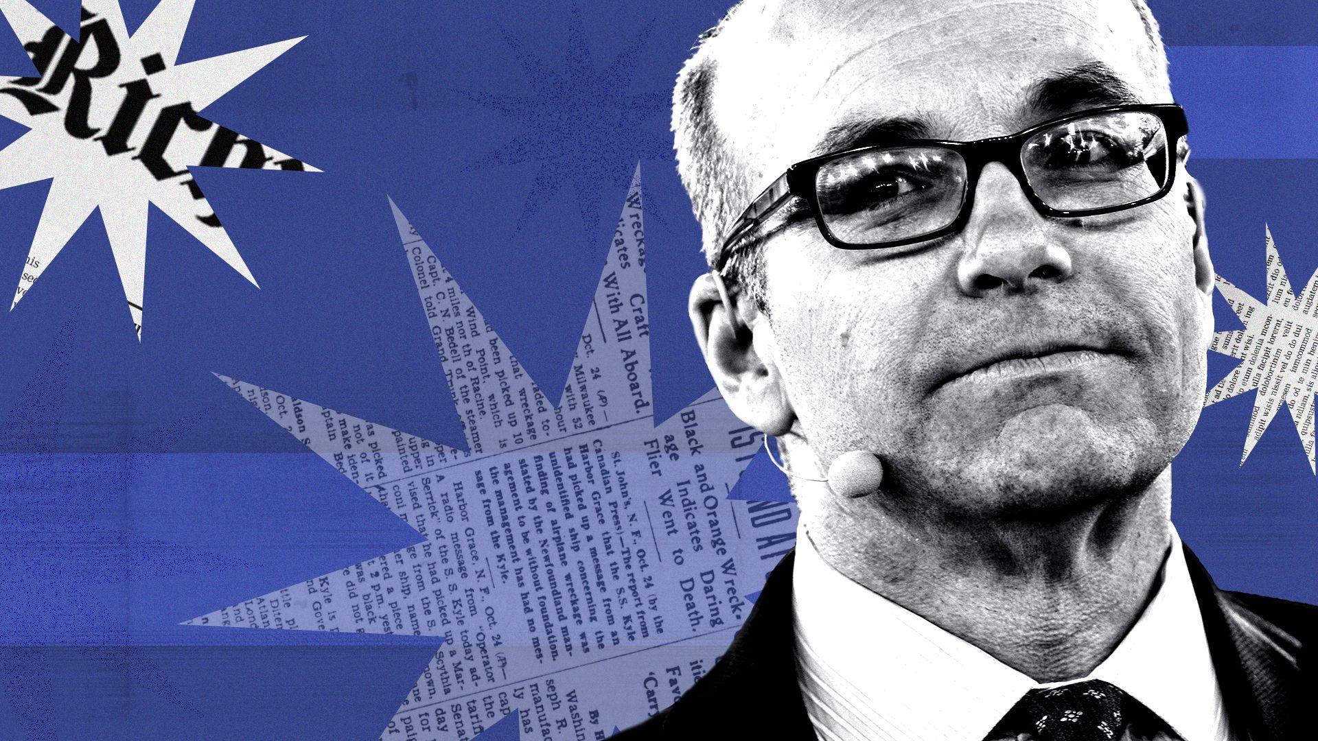Photo illustration of Mike Allen, collaged with abstract shapes and newspaper clippings.