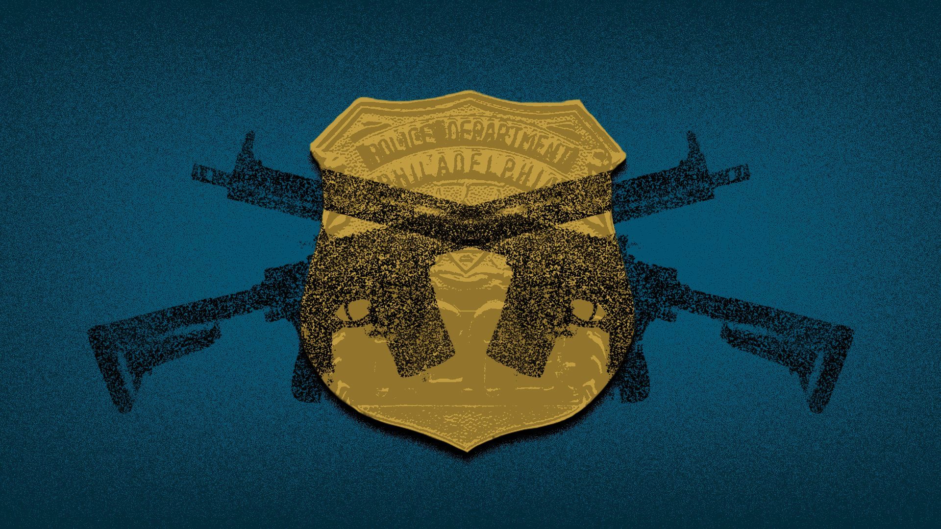 Photo illustration of a Philadelphia Police badge with the shadows of two crossed rifles over it.