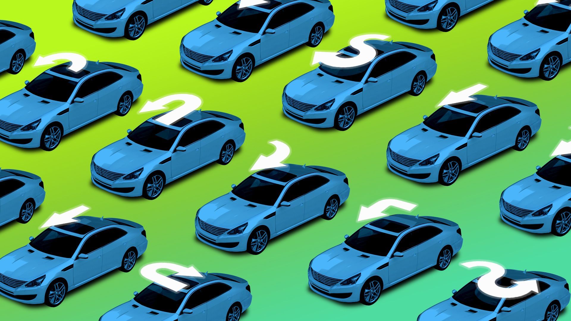 a fleet of cars each with superimposed directional arrows