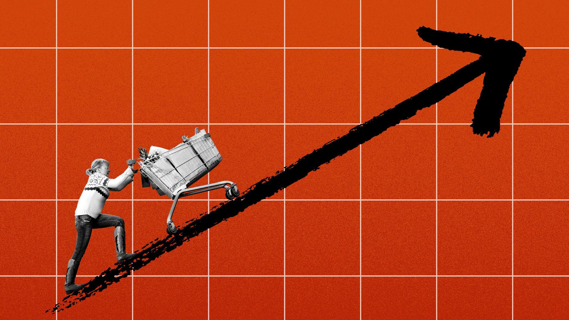 Illustration of a woman pushing a grocery cart up an upward arrow.