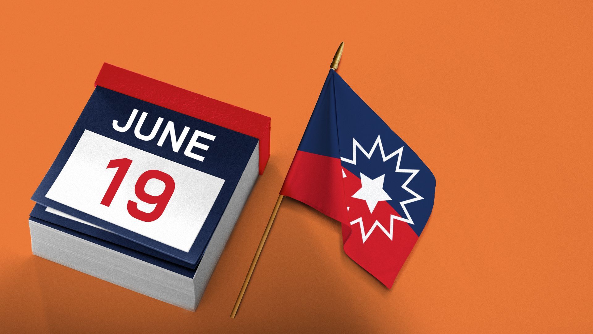 Illustration of the Juneteenth flag next to a desk calendar dated June 19.