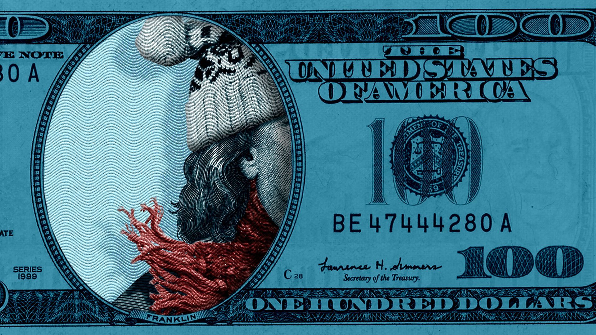 Illustration of Benjamin Franklin wearing cold weather gear and exiting the frame of the one hundred dollar bill.