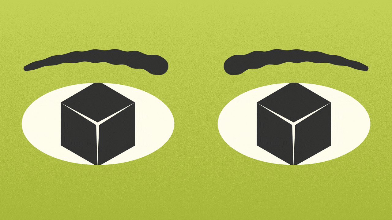Illustration of a pair of eyes with cubes for pupils, looking around.