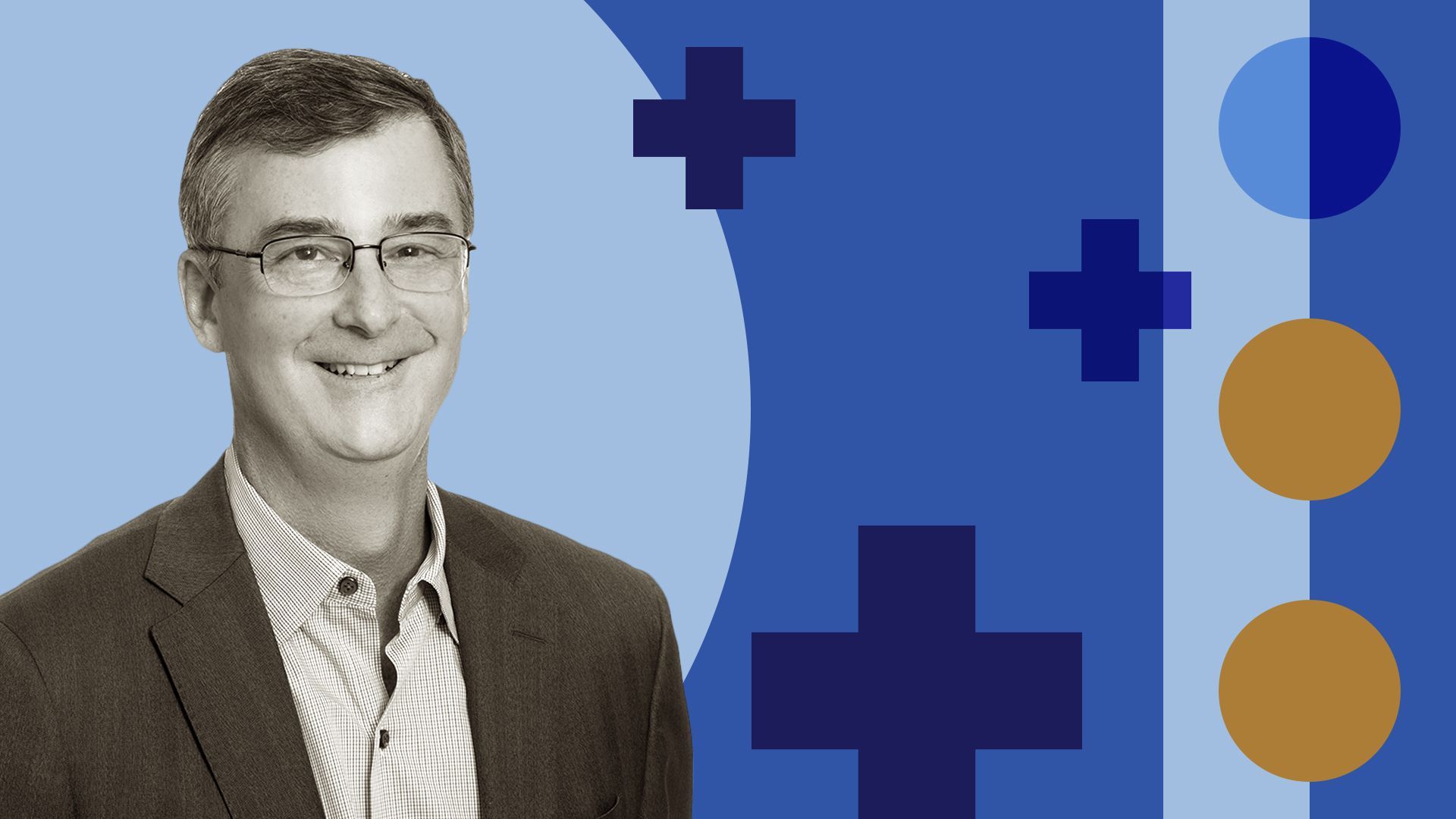 Photo illustration of Mark Taber surrounded by abstract shapes.