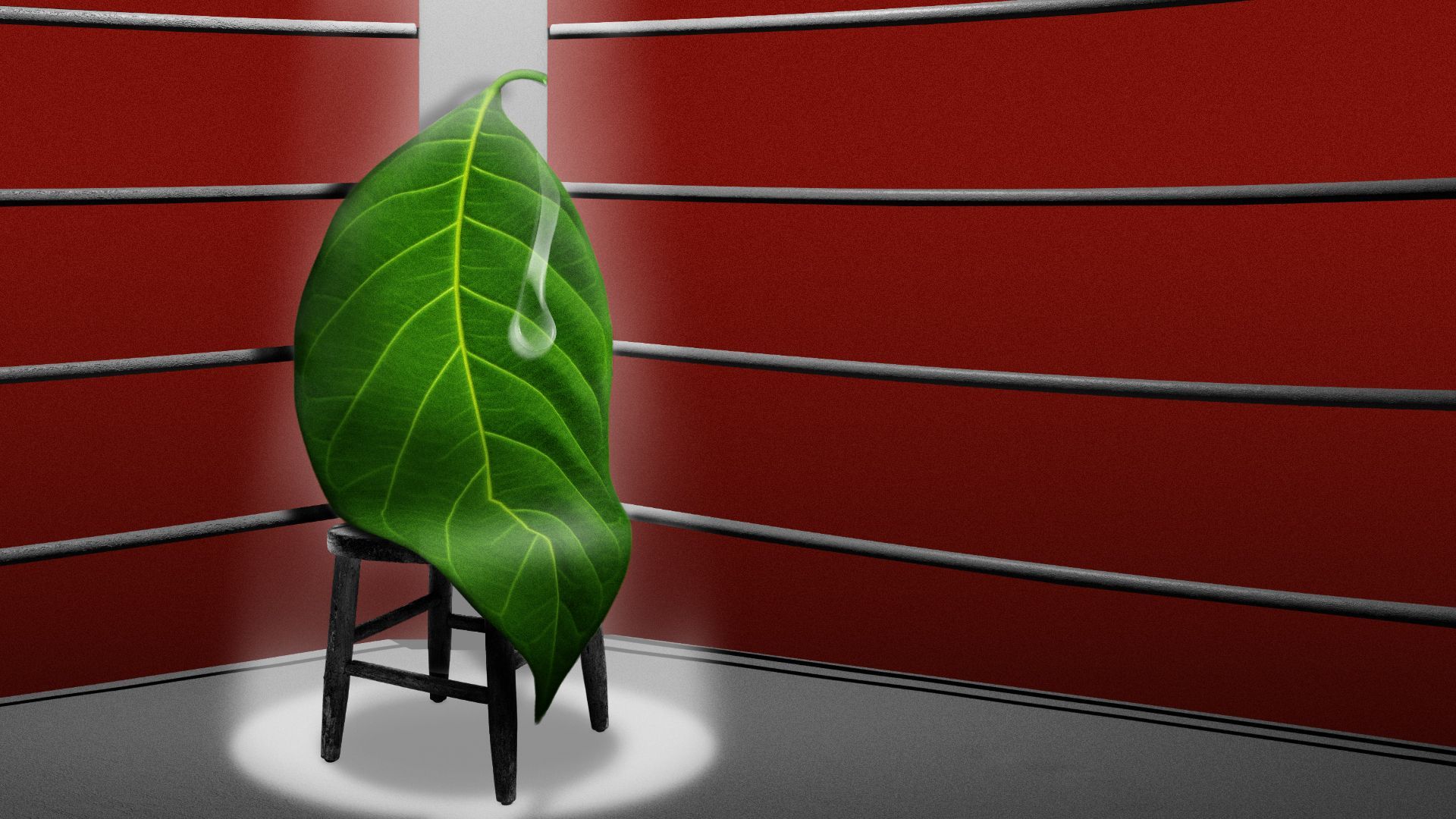 Illustration of a sweaty leaf sitting on a stool in the corner of a boxing ring.