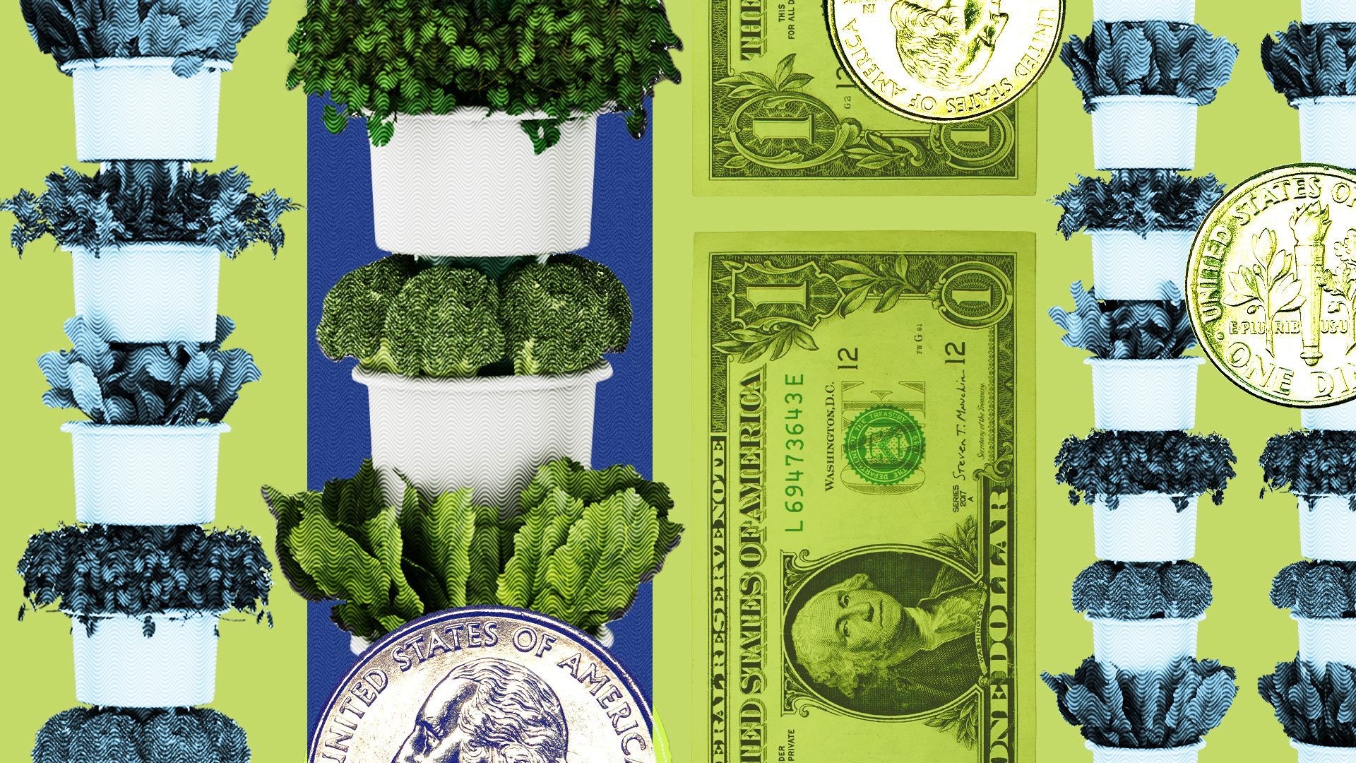 Illustration of plants being grown vertically surrounded by money elements and shapes.
