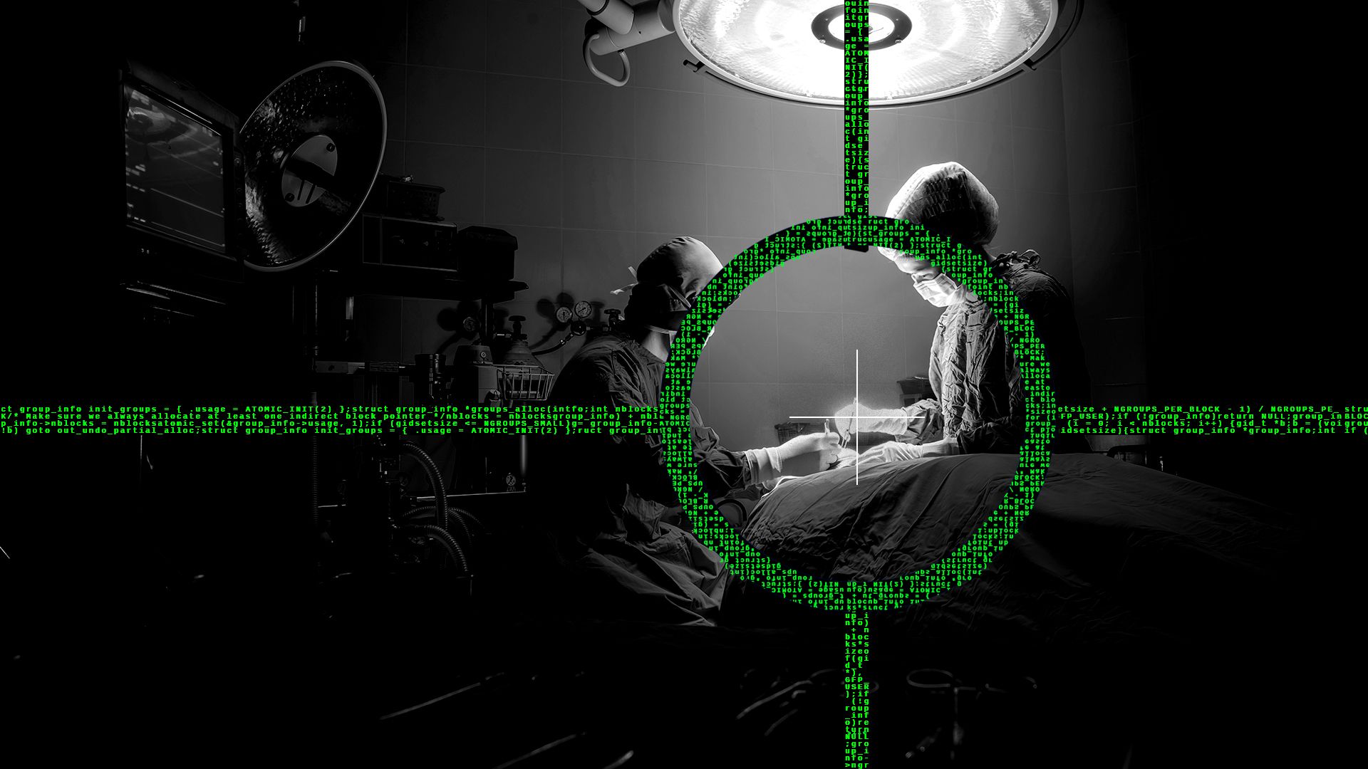 In this illustration, two surgeons perform an operation while a crosshair is seen over both of them.