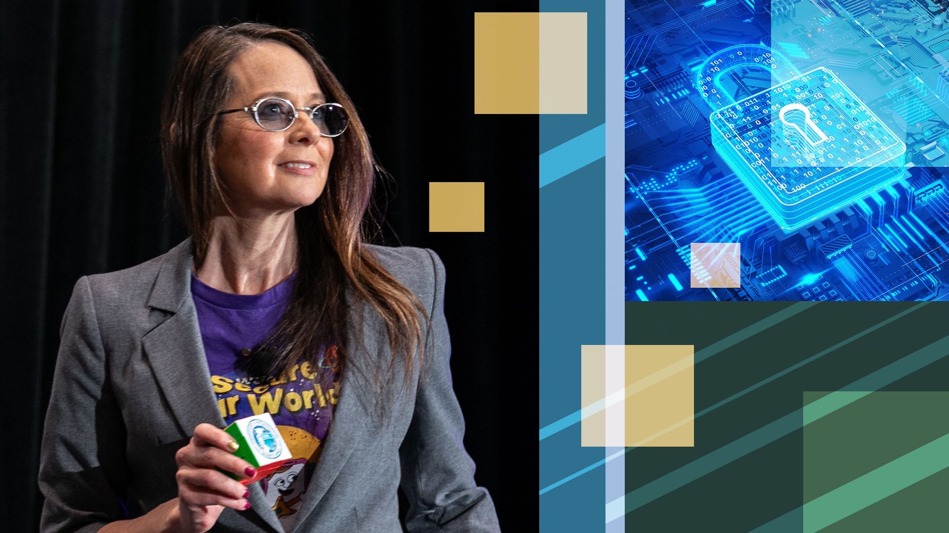 Photo illustration of CISA chief Jen Easterly beside an image of a lock made out of binary code and various shapes