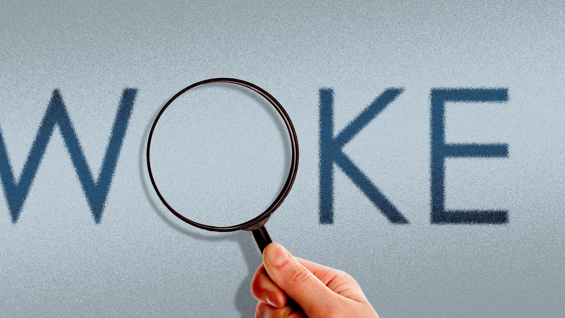 Illustration of the word "WOKE" but the O is a magnifying glass. 
