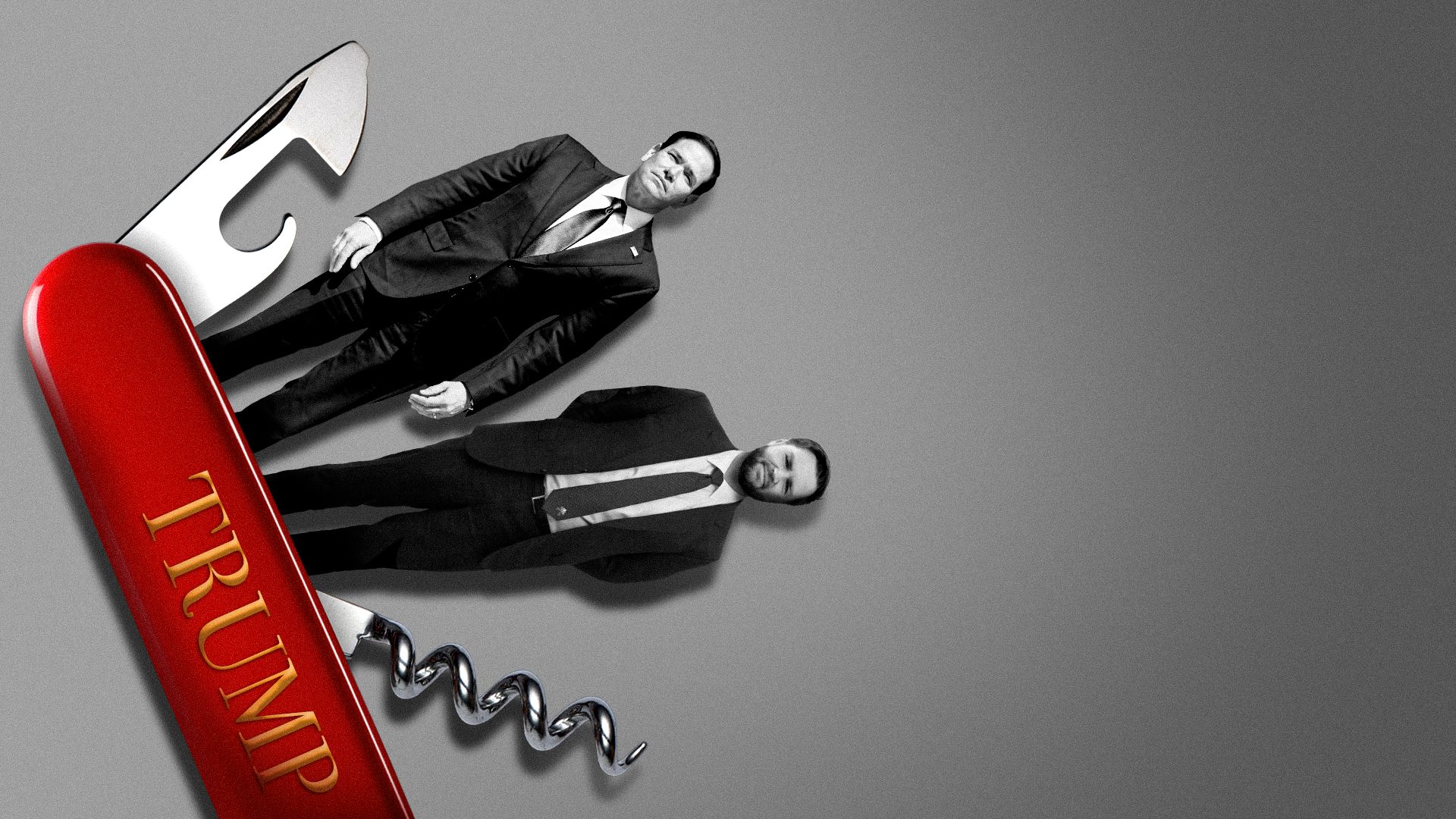 Photo illustration of Secretary of State Marco Rubio and Vice President JD Vance as folding tools on a swiss army knife featuring the word "Trump"