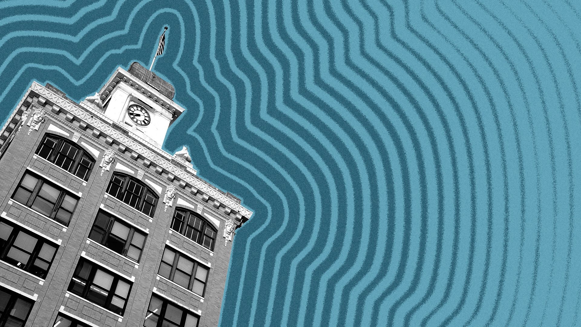 Illustration of Tampa City Hall with lines radiating from it. 