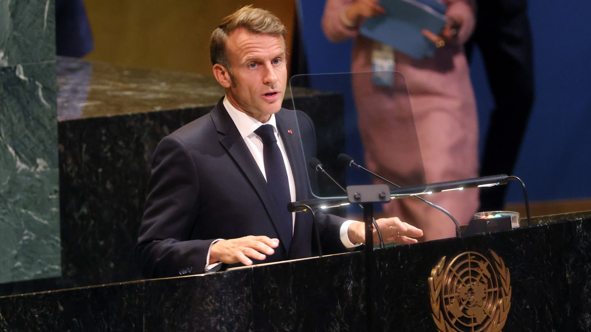  French President Emmanuel Macron speaks at a United Nations (UN) General Assembly meeting being organized by France and Saudi Arabia in support of a two-state solution between Palestine and Israel.