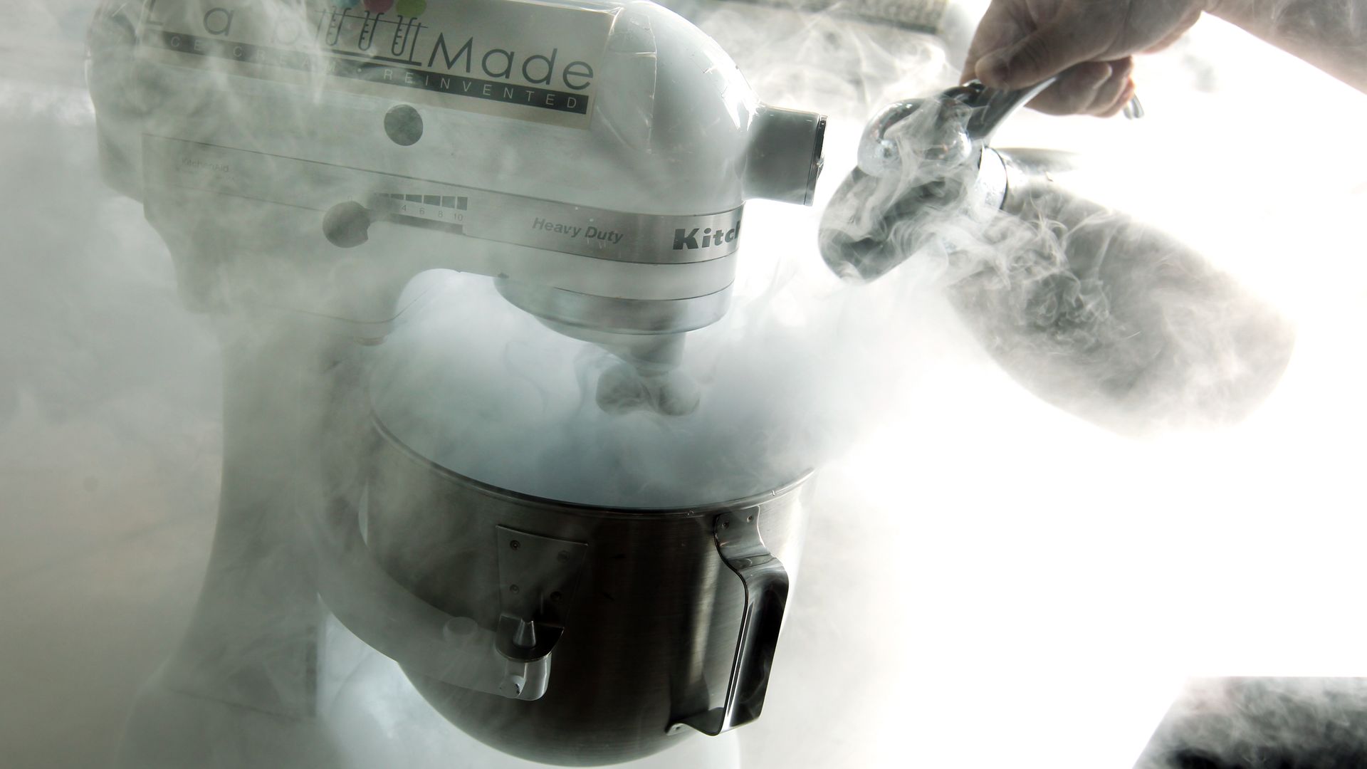 Liquid nitrogen is used to make ice cream, with cloudy vapor filling the room