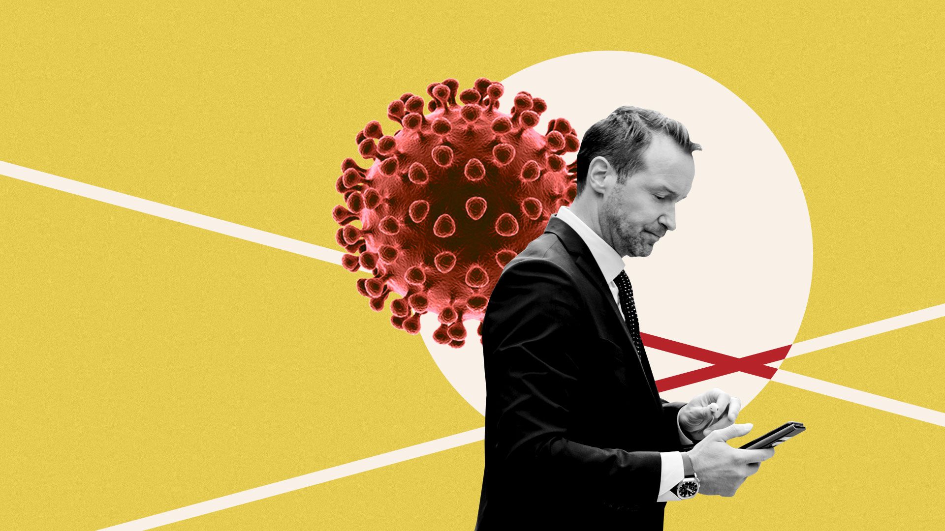 Photo illustration of person holding a cell phone with the Coronavirus behind him.