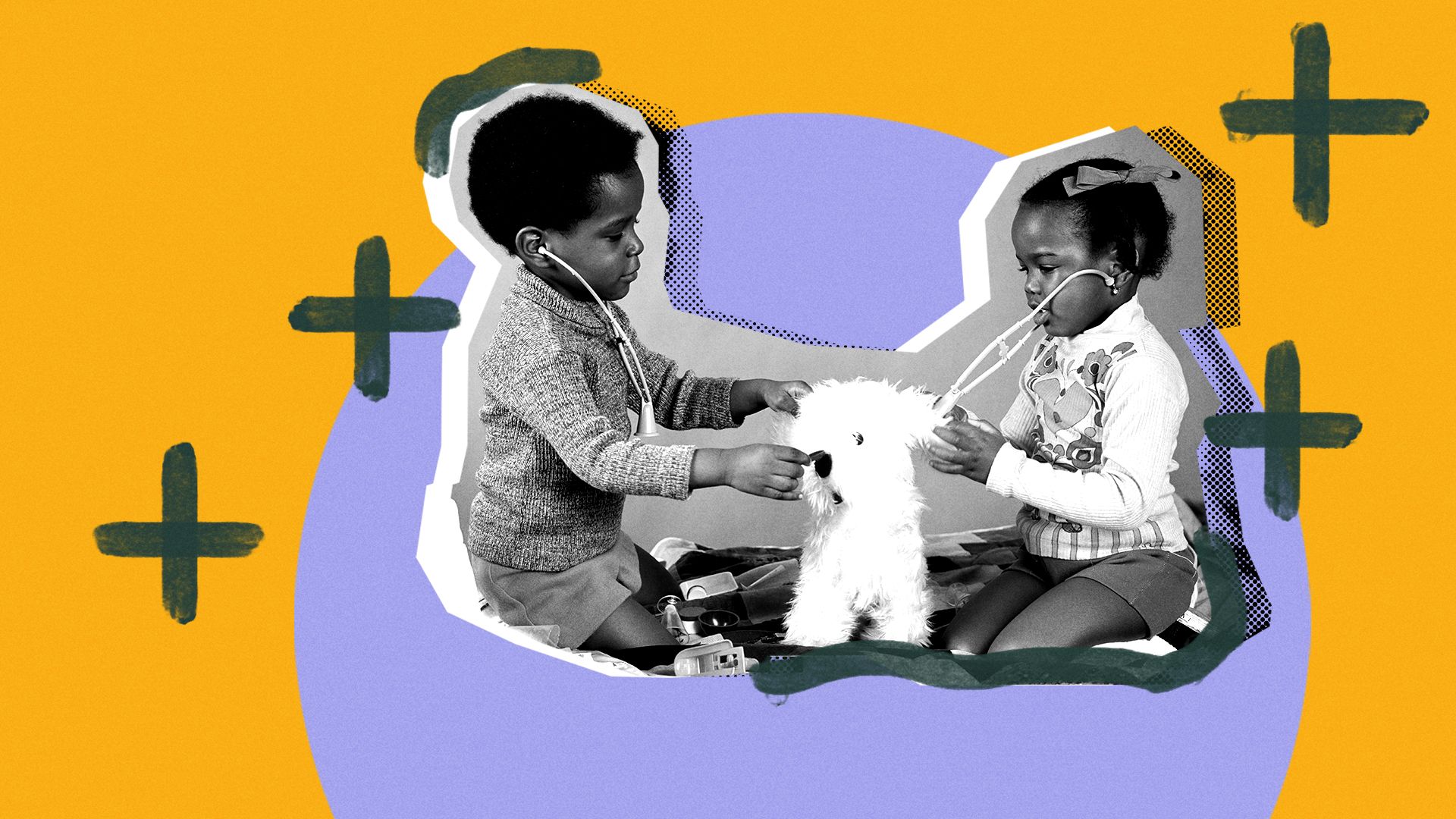 Photo illustration of two children playing doctor