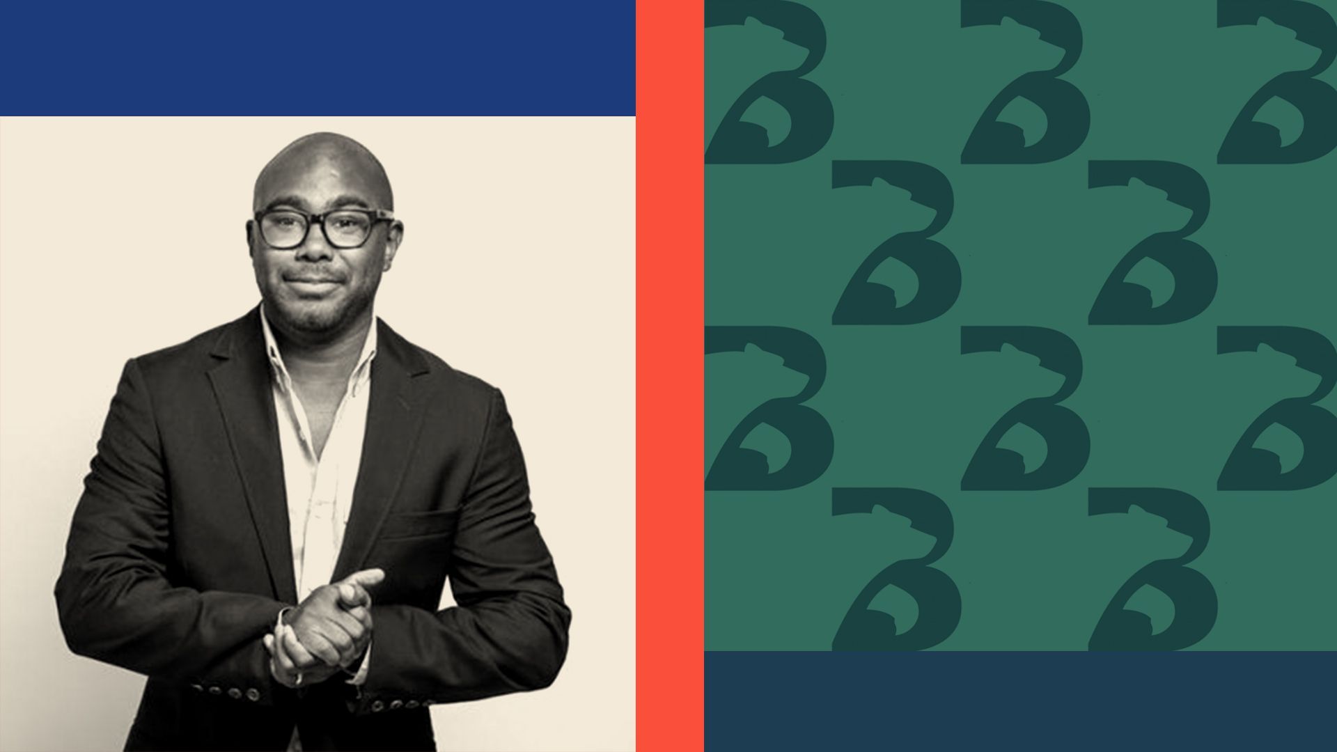 Photo illustration of Vaughn Blake with Blue Bear Capital's logo repeating.