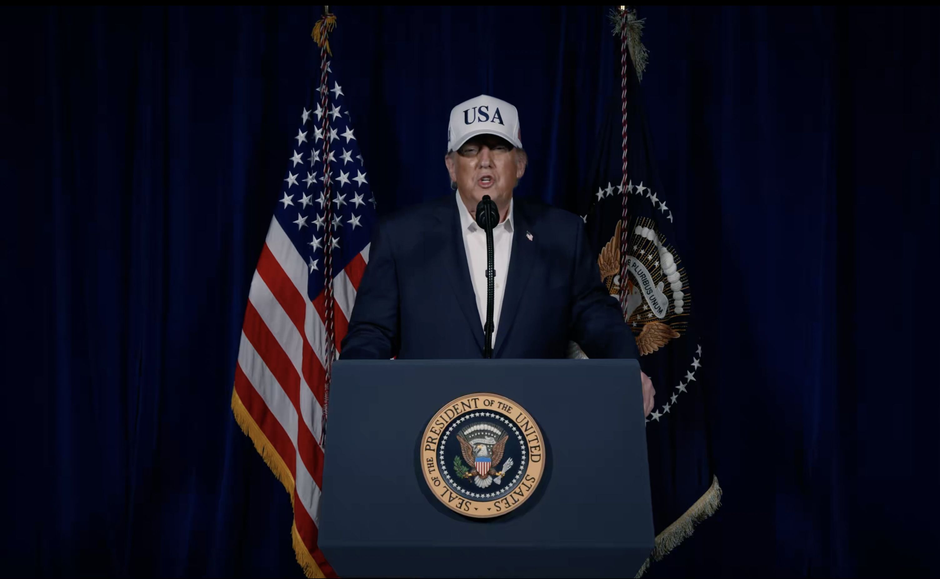 President Trump in his video address from Florida, posted early Saturday. Photo: Truth Social via CNP