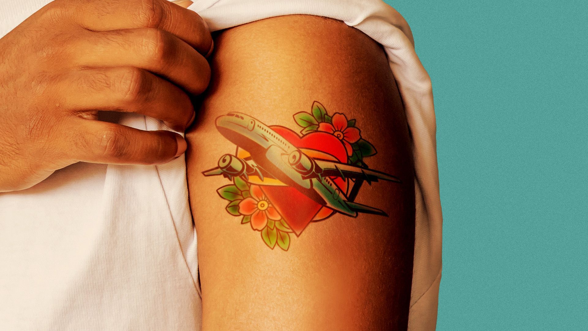 Illustration of a tattoo featuring an airplane, heart, and flowers