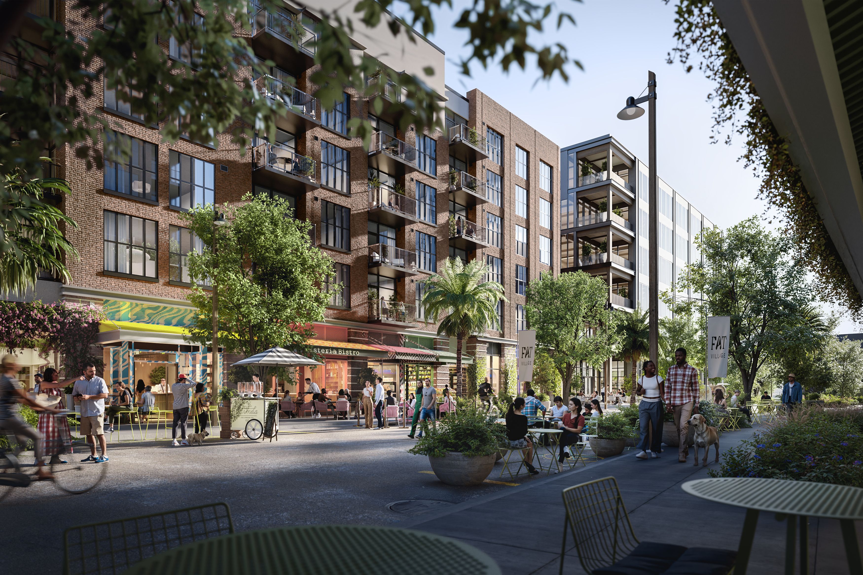 Sunny urban street with brick apartment buildings, glass balconies, and ground-floor cafes. People sit at outdoor tables as pedestrians stroll; lush trees line the sidewalk and a dog roams nearby.
