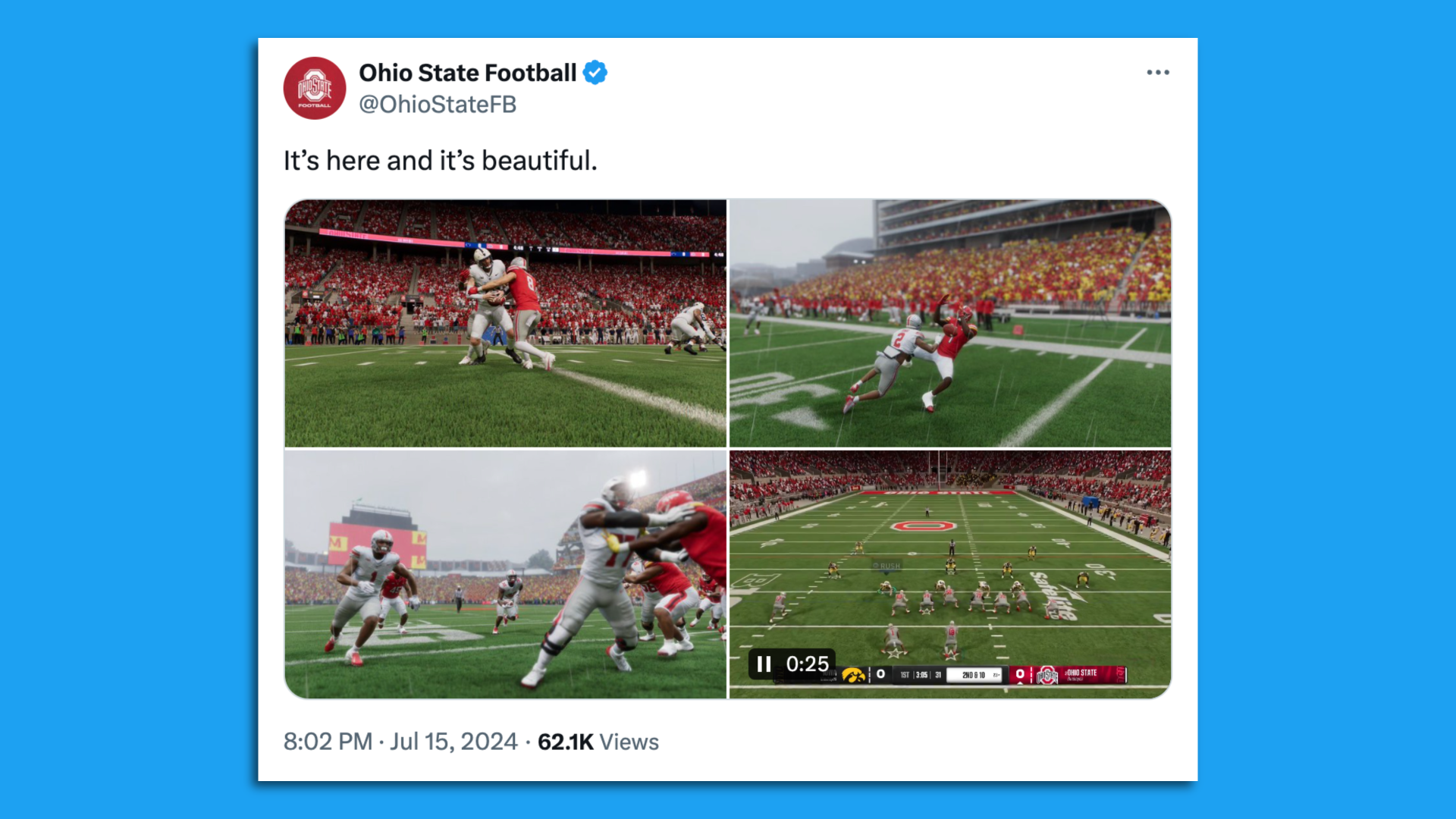A screenshot of a post on X from Ohio State Football that reads "It's here and it's beautiful" with screenshots from EA Sports College Football 25