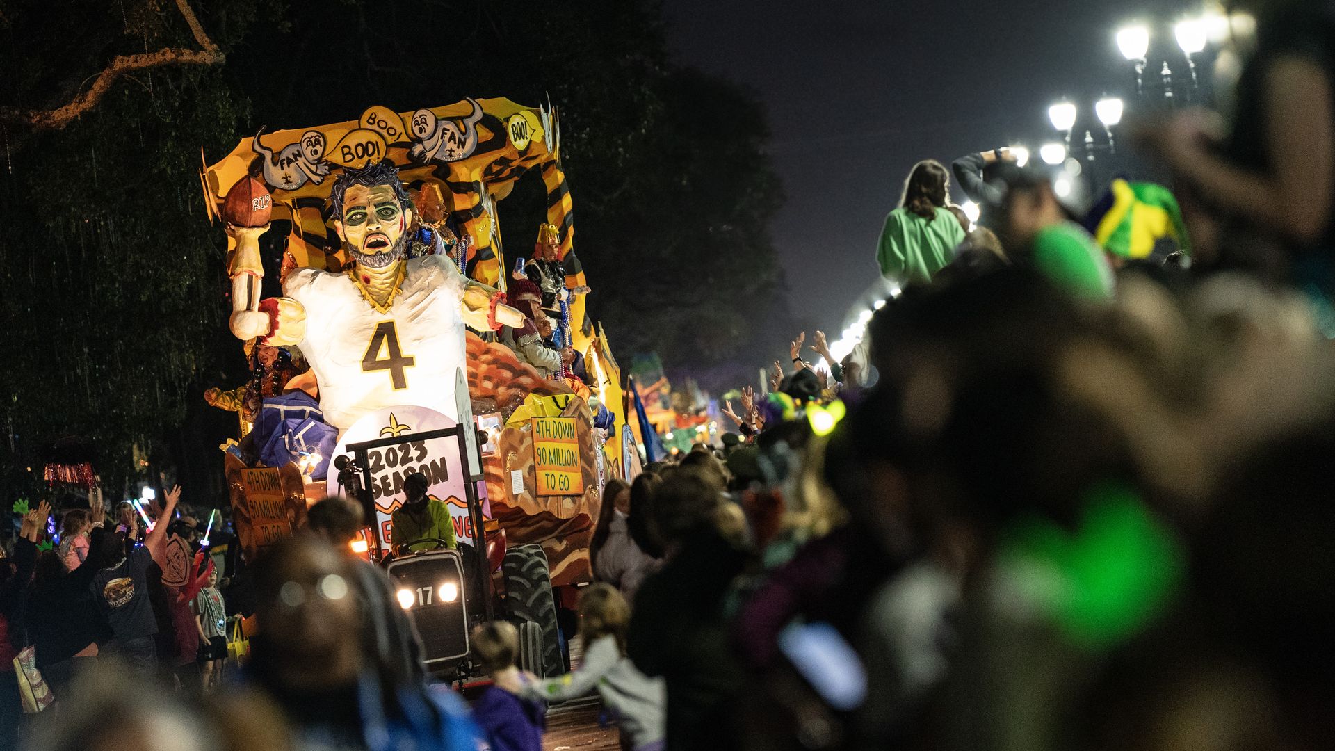 Photo shows a Derek Carr float in the Knights of Chaos parade