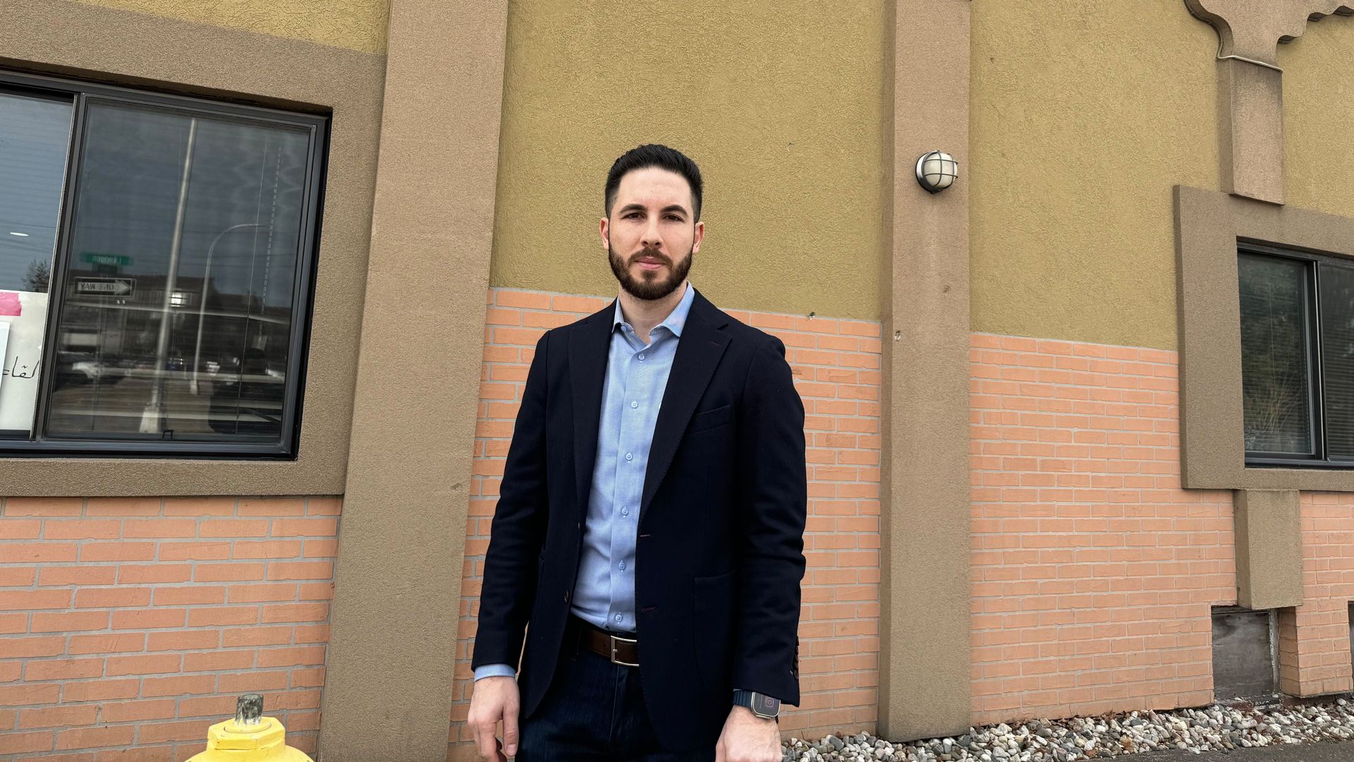 Dearborn Mayor Abdullah Hammoud outside the Hanini Outreach and Community Center in Dearborn.