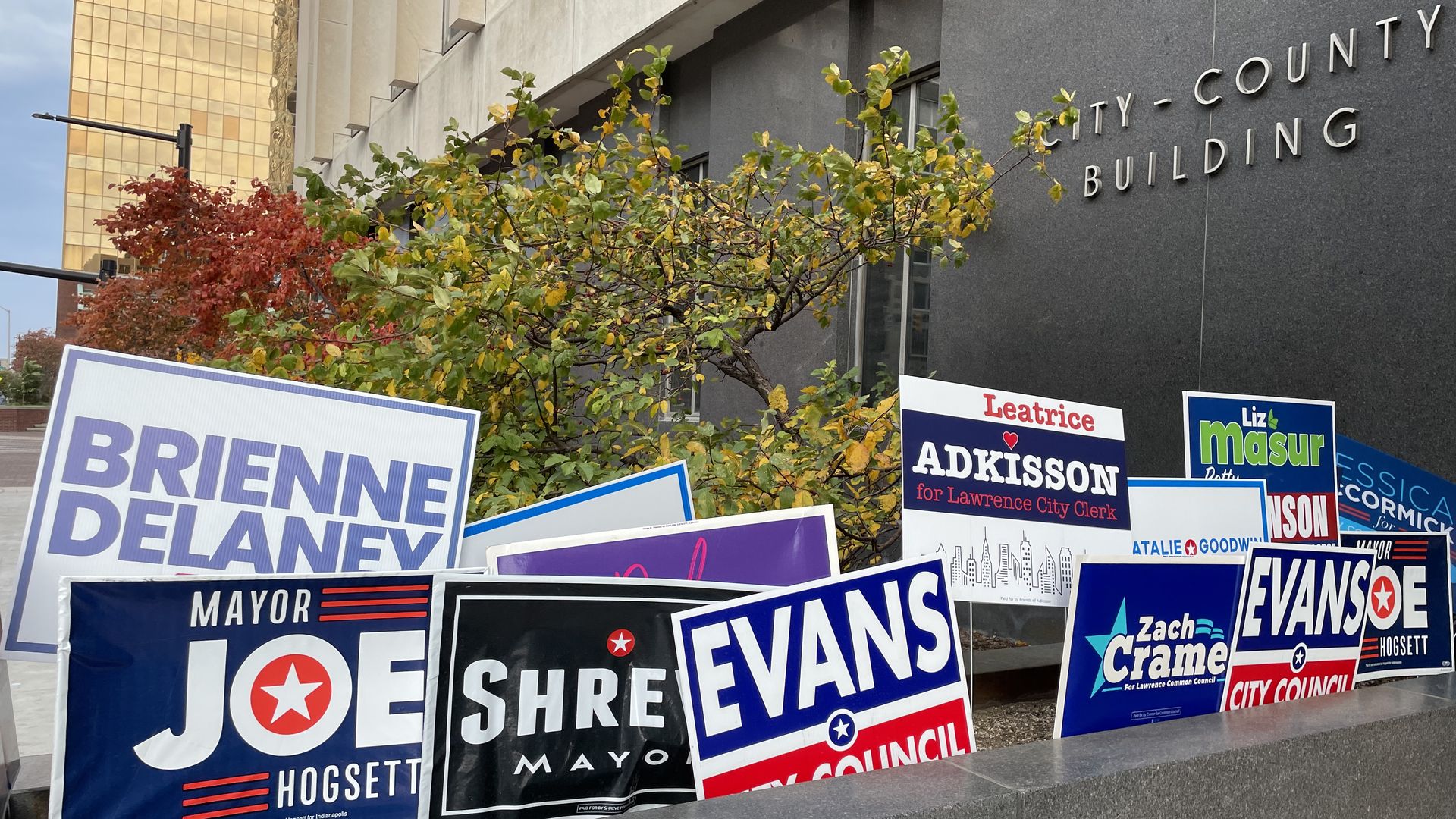 Political yard signs in front of the City-County Building in Indianapolis.