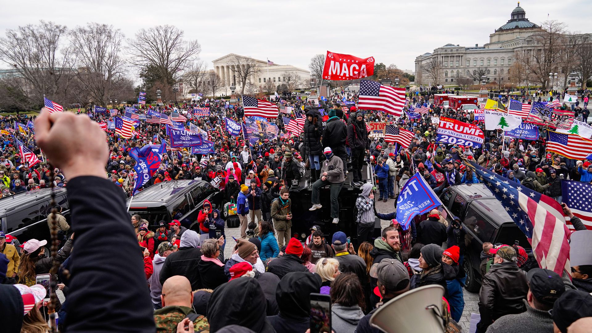 A crowd of protestors waving American flags and Trump flags