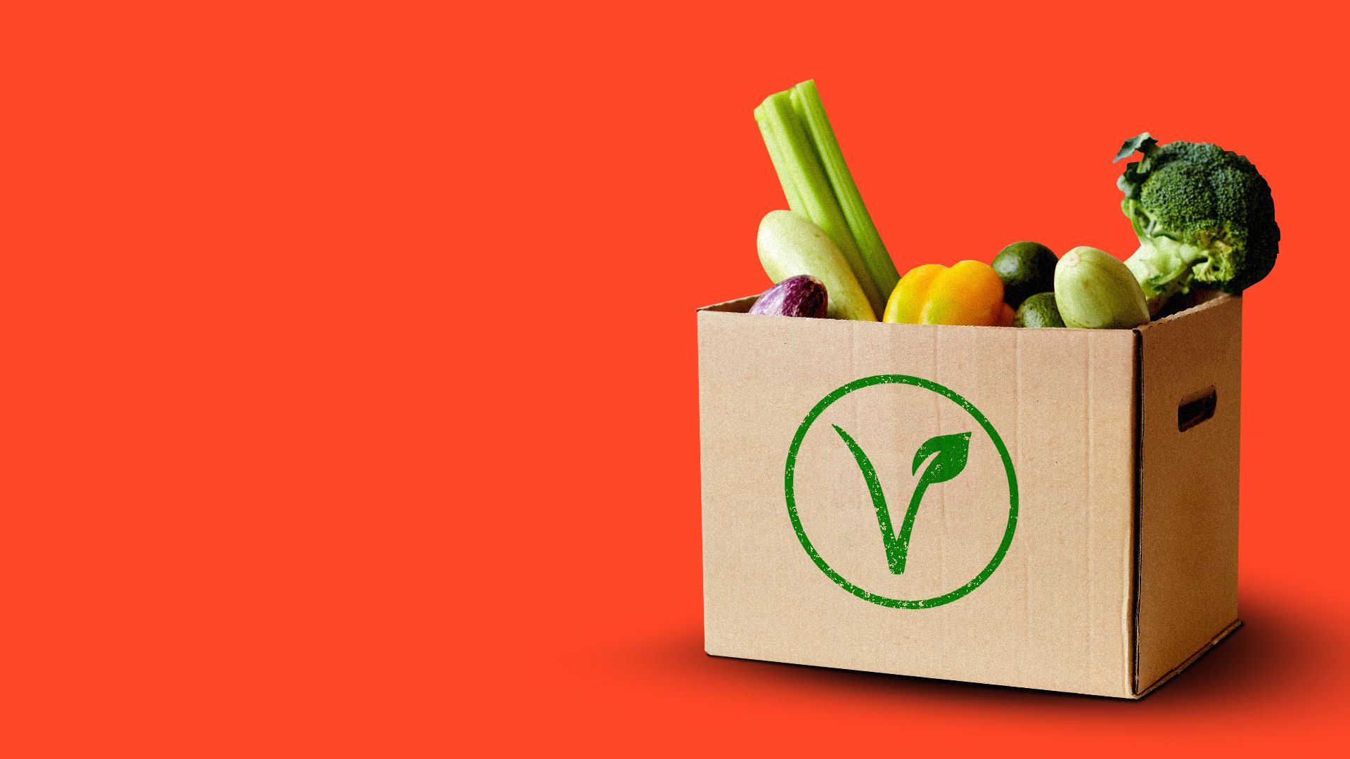 Illustration of a box of food donations with the vegan symbol on the front. 