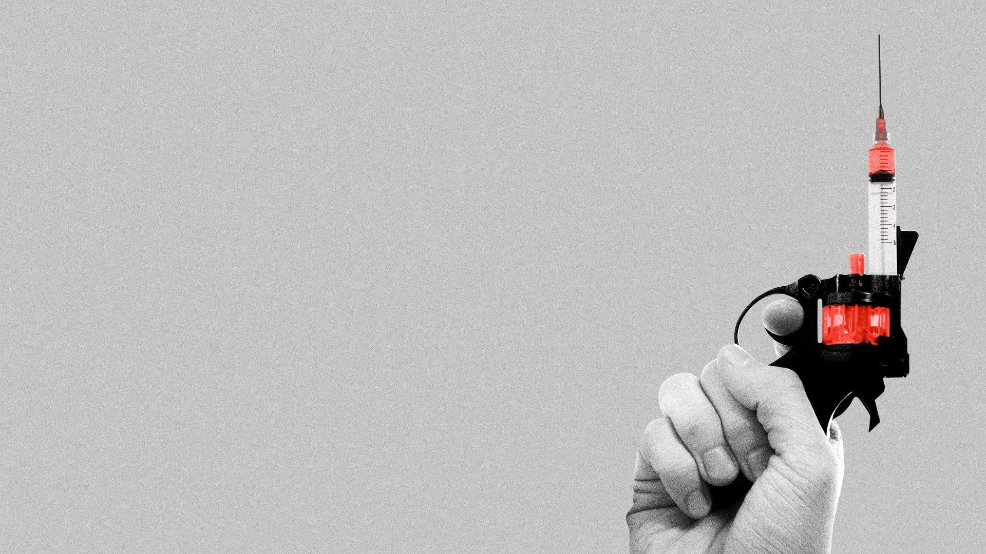 Illustration of a hand holding a starting pistol with the barrel as a syringe. 