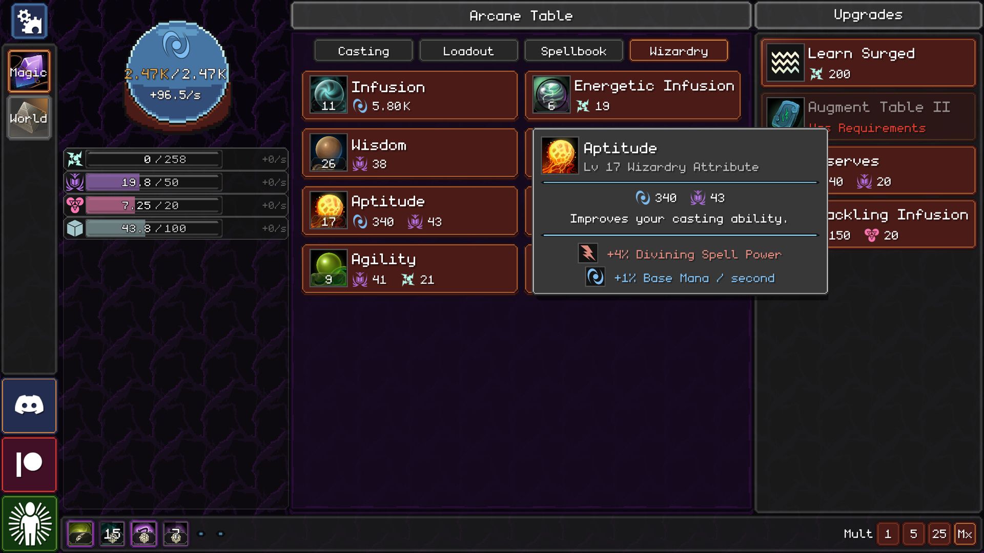 Video game screenshot of a cluster of boxes a player can click on, each containing a new magical ability