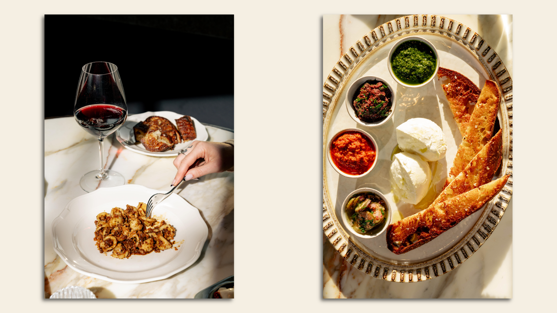 Pasta and red wine (left) and mozzarella with toast and condiments (right)