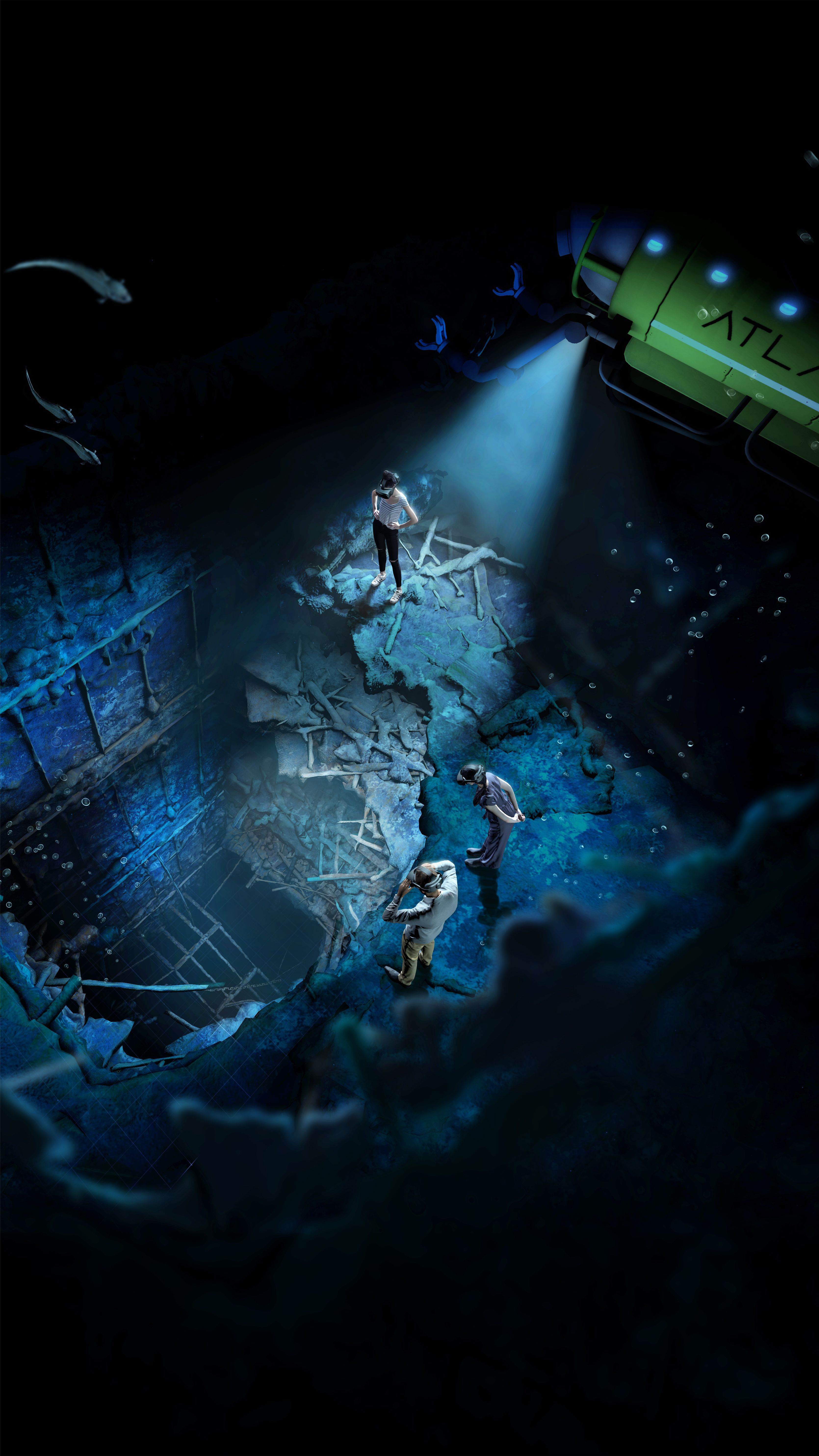 An underwater cave scene with a lime-green submersible on the right casting a blue spotlight onto jagged blue rocks. Three divers stand on debris, bubbles rise, fish swim nearby.