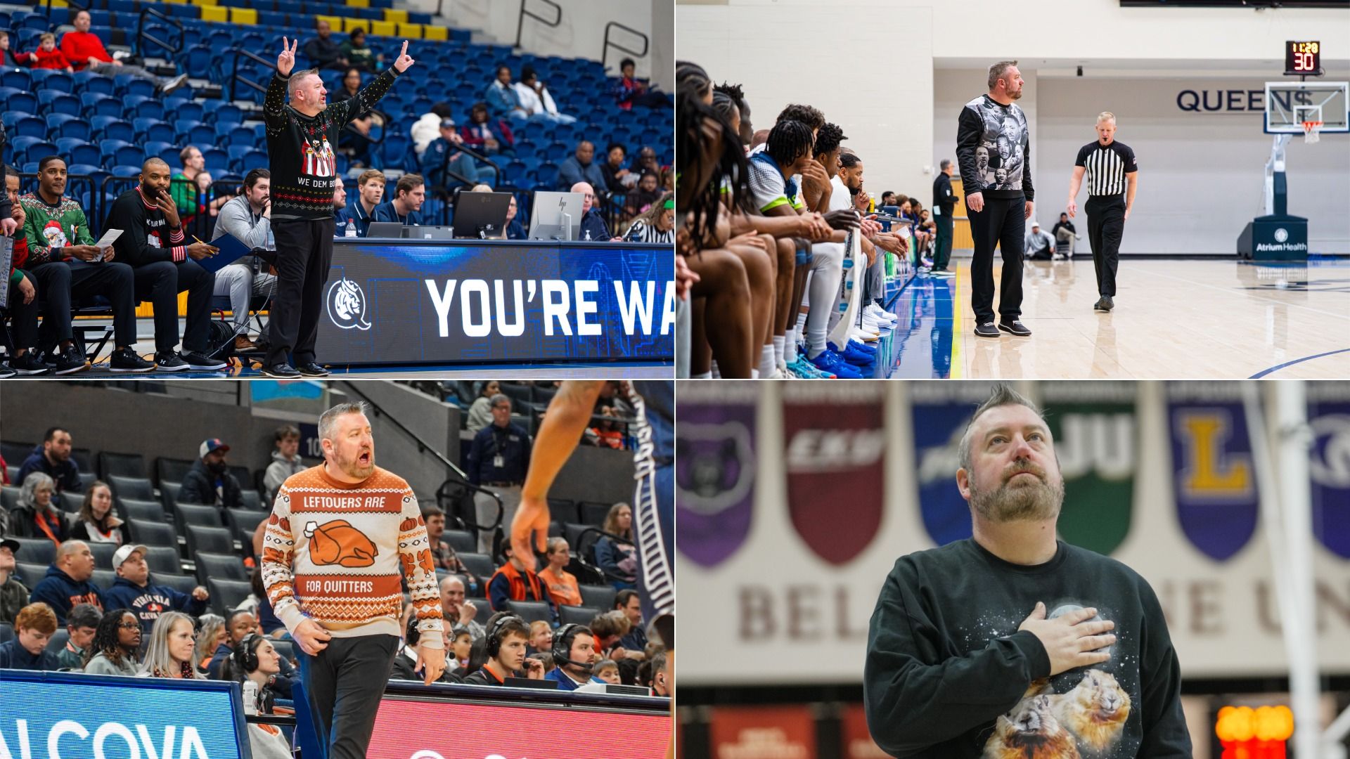 Basketball collage: top left coach raises arms; top right players on bench with a referee; bottom left man in "LEFTOVERS ARE FOR QUITTERS" sweater walks by; bottom right man hand on chest looking up.