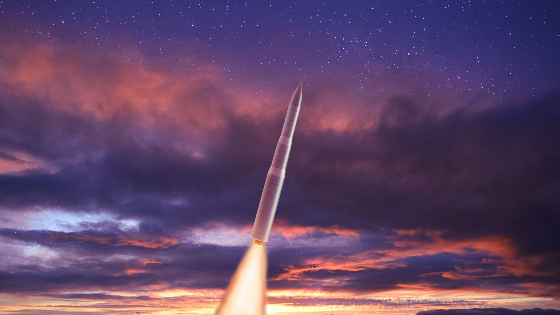 A large missile zips through the sky, which is purple and orange and blue. 