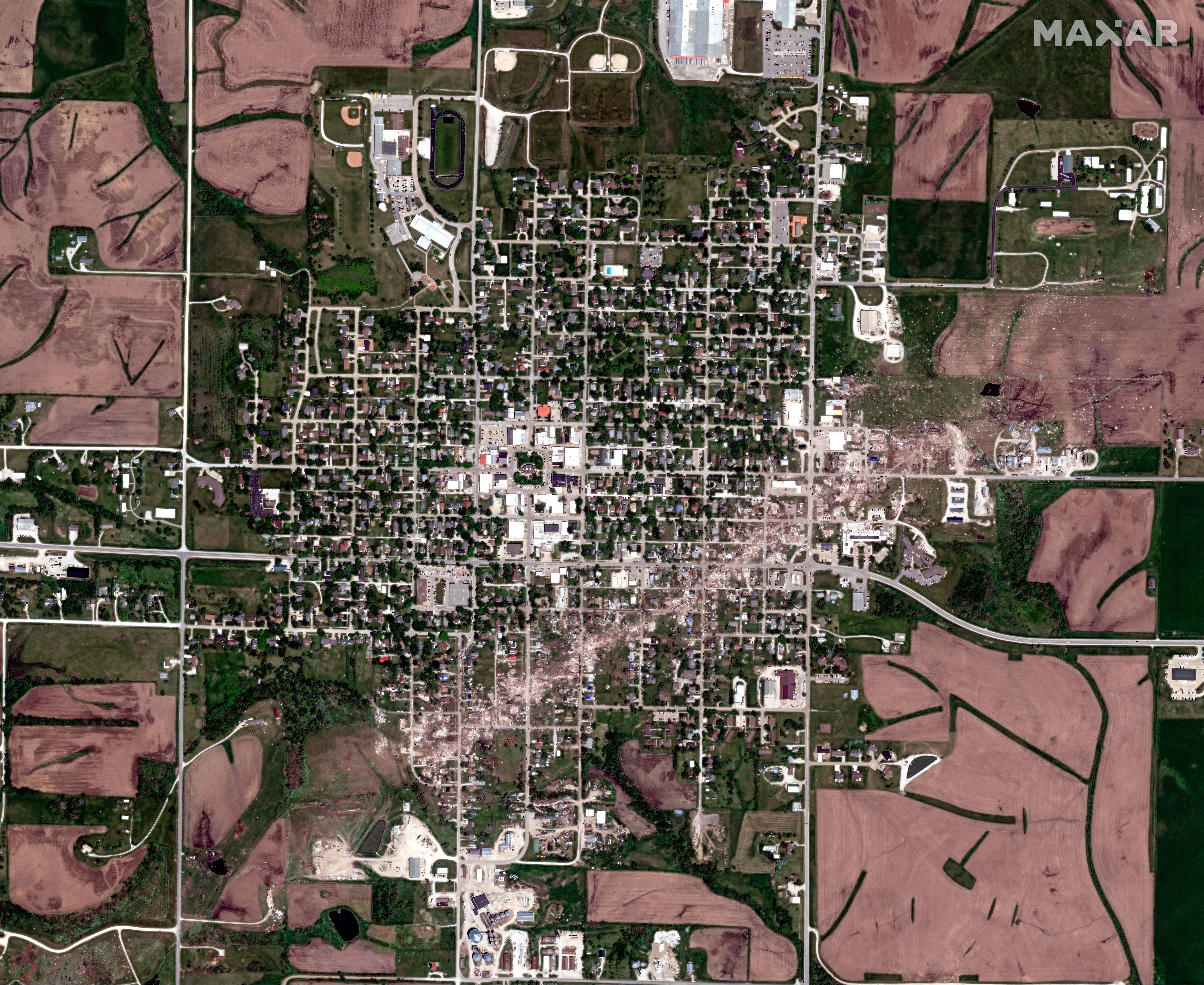 An aerial view shows tornado path