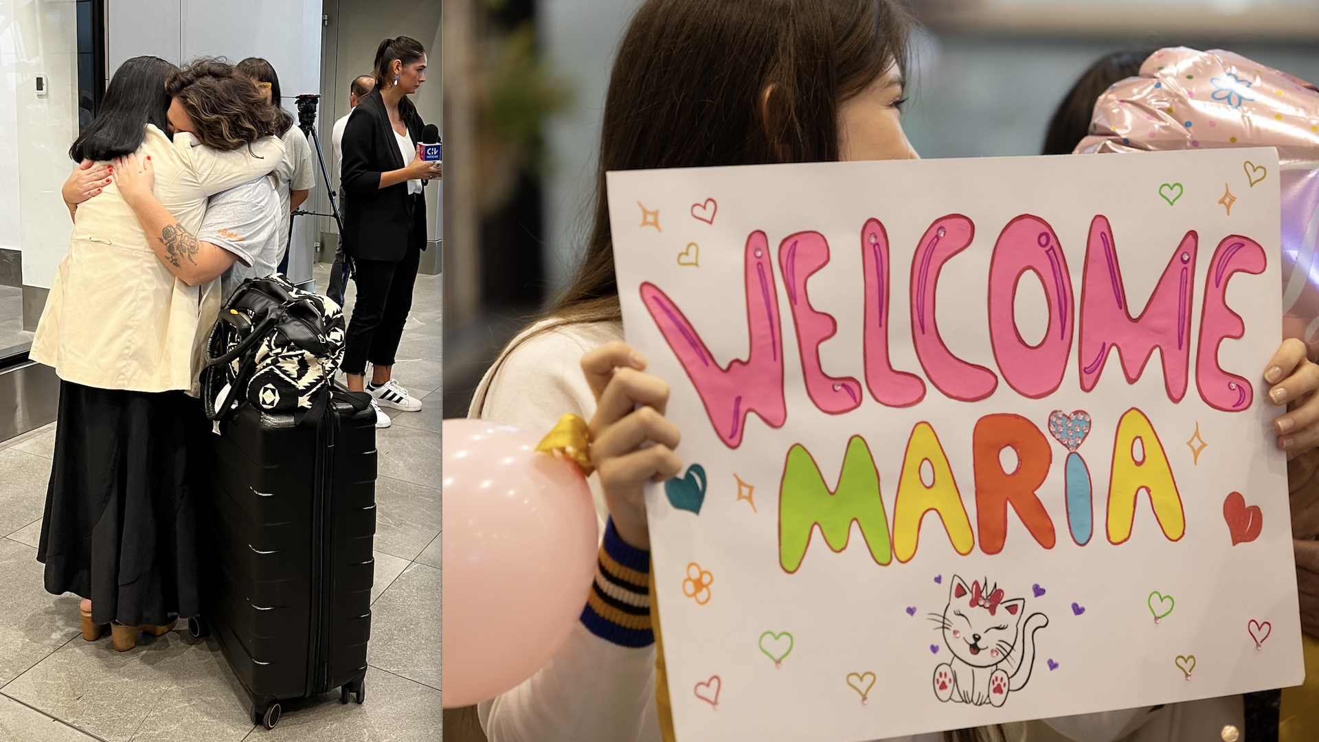 A photo of Maria and her mother embracing at the airport next to a photo of a girl holding a colorful sign reading "Welcome Maria"