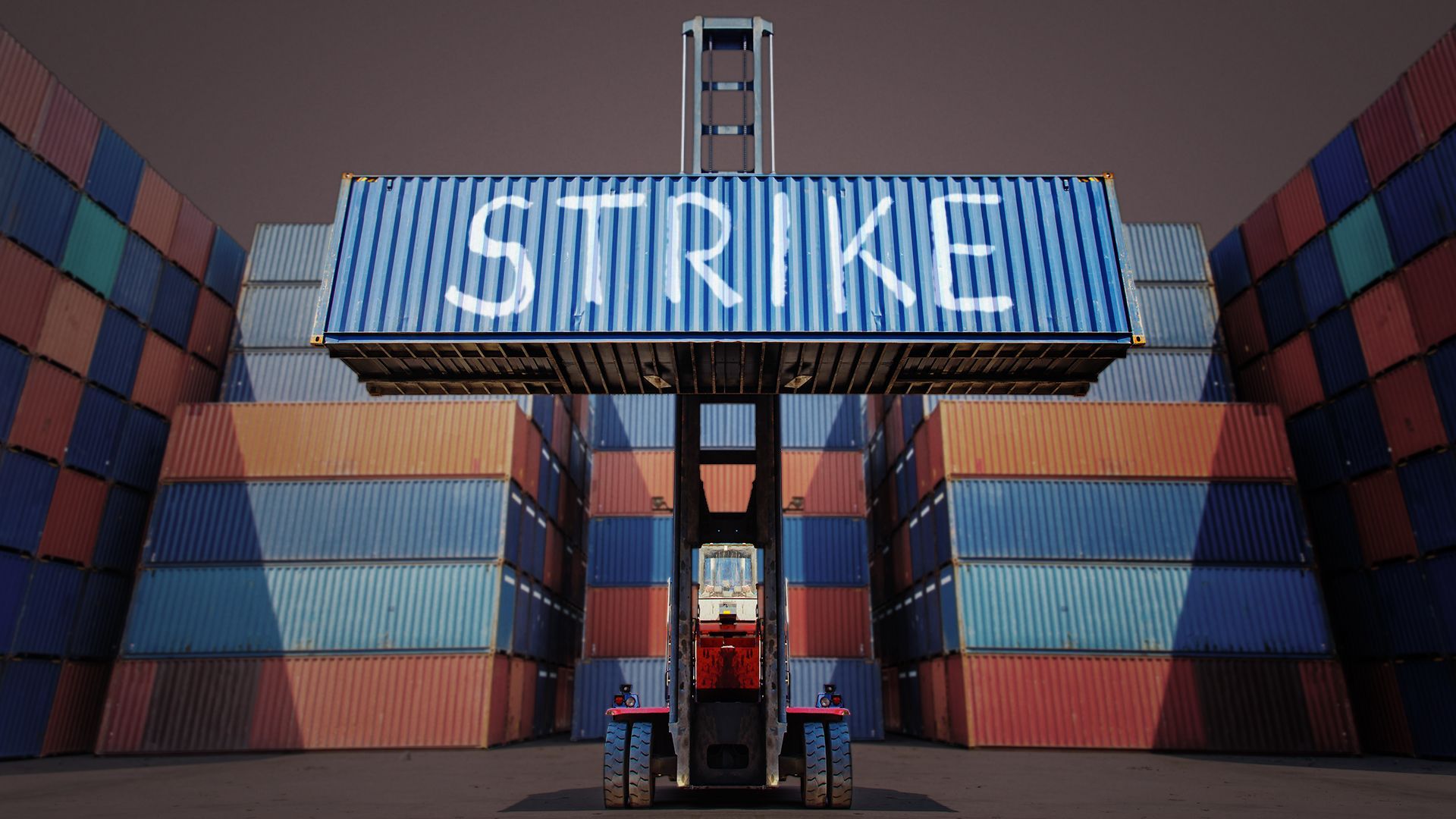 Illustration of a forklift holding a cargo container with "STRIKE" written on it.