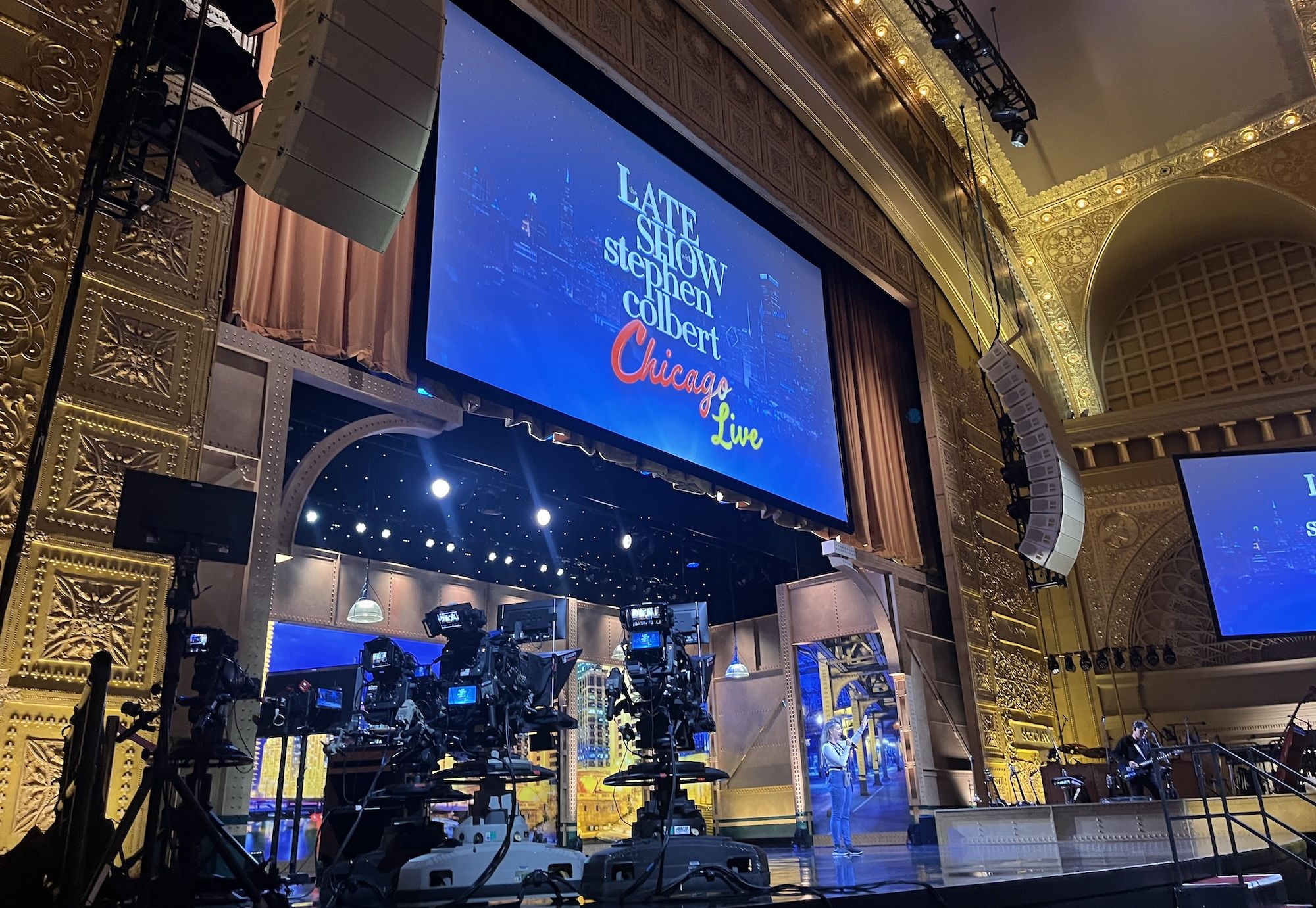 Stage with large screen that reads Late Show with Stephen Colbert Chicago Live 