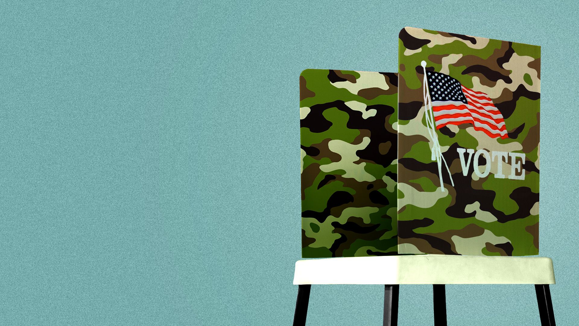 Illustration of a voting booth with a camouflage pattern on the panels.