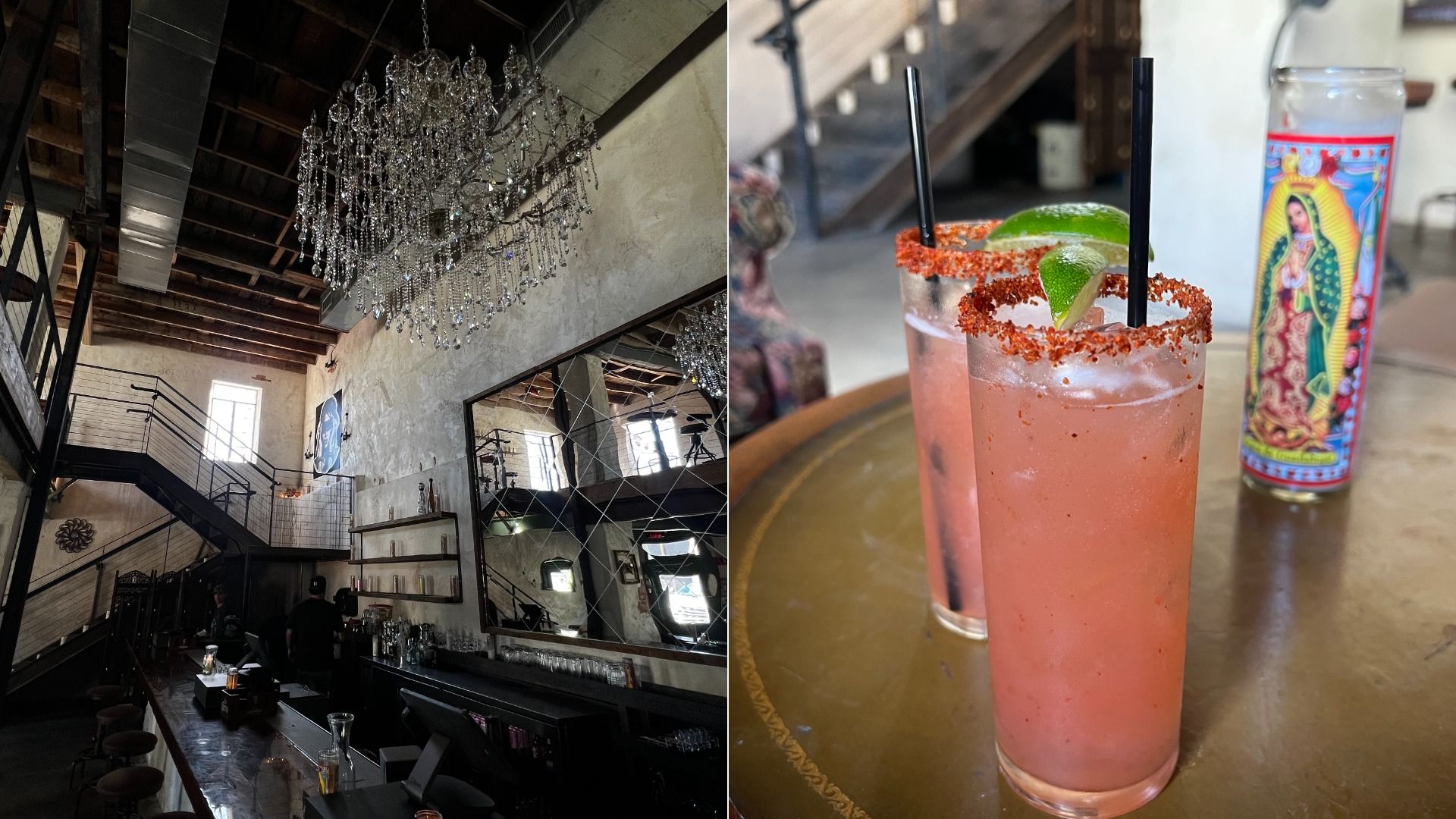 Left: industrial bar with dark wood, metal stairs, and a crystal chandelier. Right: two pink cocktails with lime wedges and chili-salt rims on a round table; a Guadalupe bottle in the background.