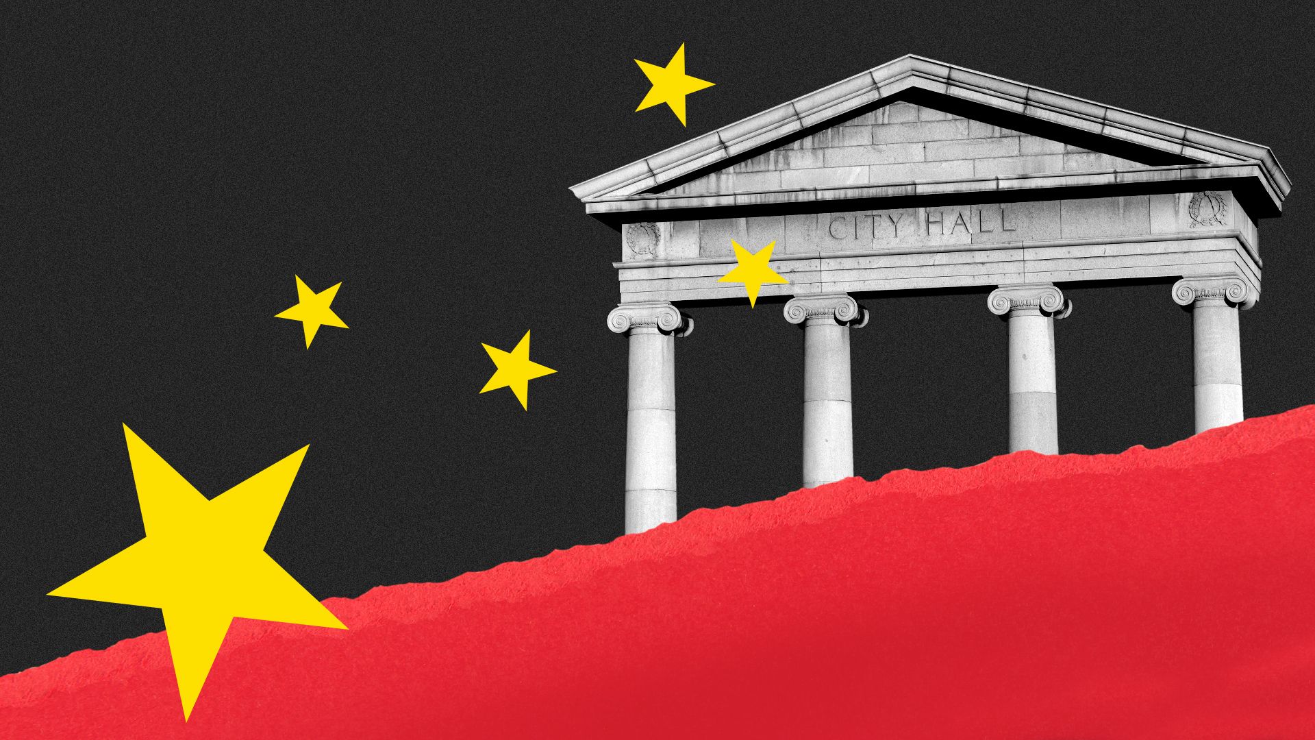 Collage of a deconstructed Chinese flag and a city hall building.