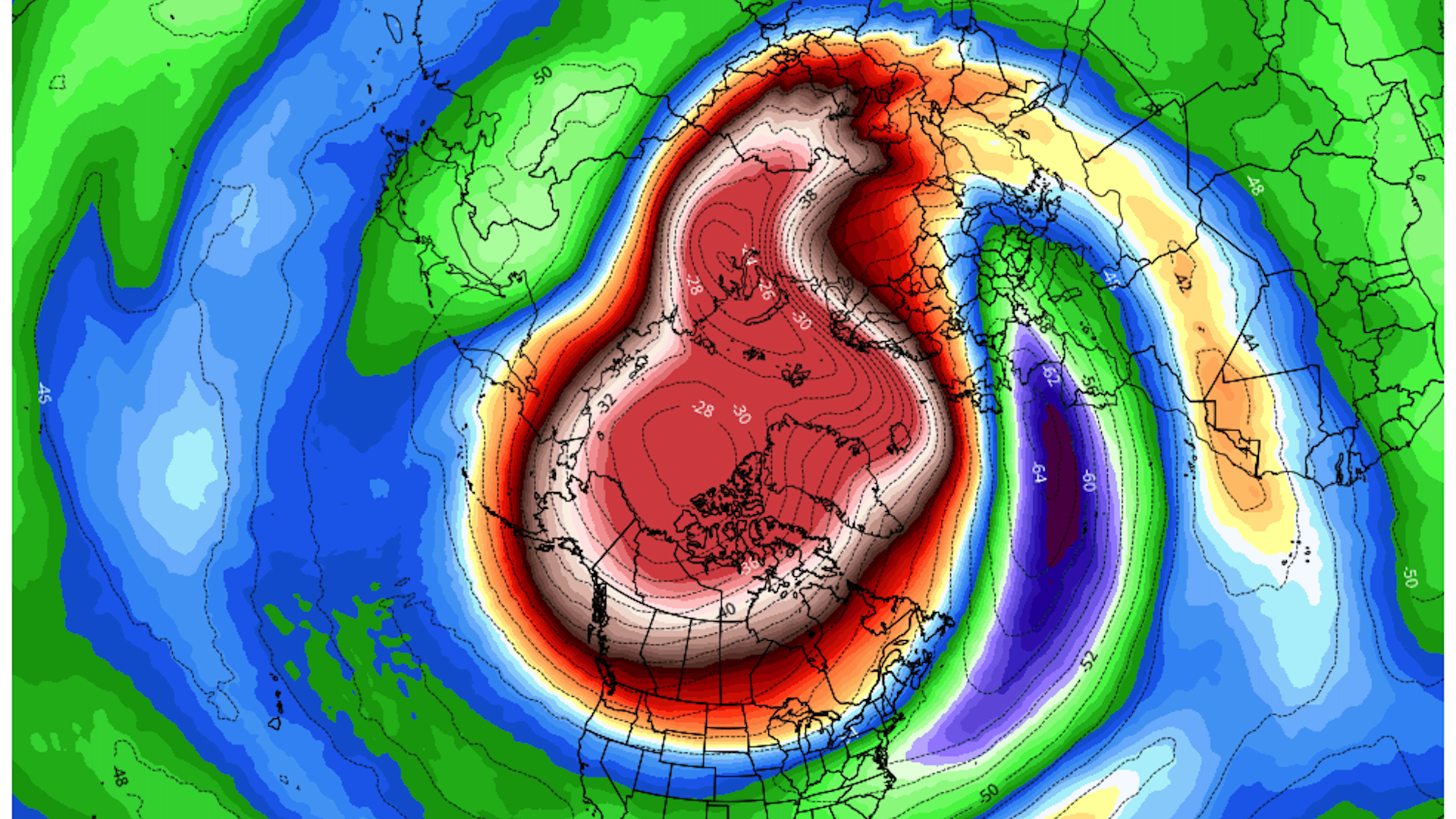 Computer model image depicting a strong stratospheric warming event over the North Pole.
