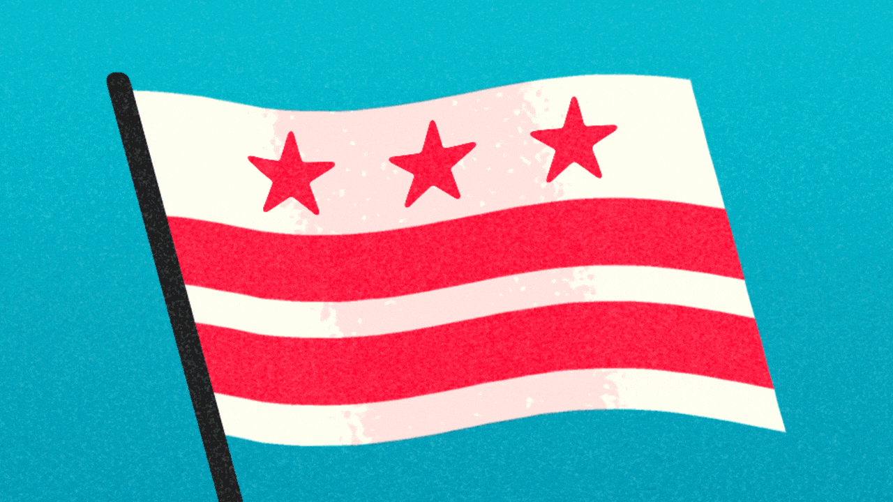 Animated illustration of the Washington D.C. flag with the stars changing into hearts and back.