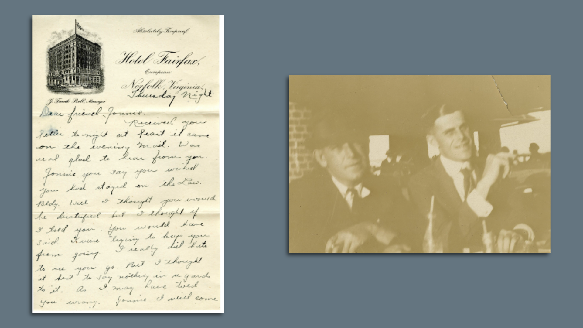 An image of a handwritten letter on hotel letter head next to a black and white photo of unidentified men in suits