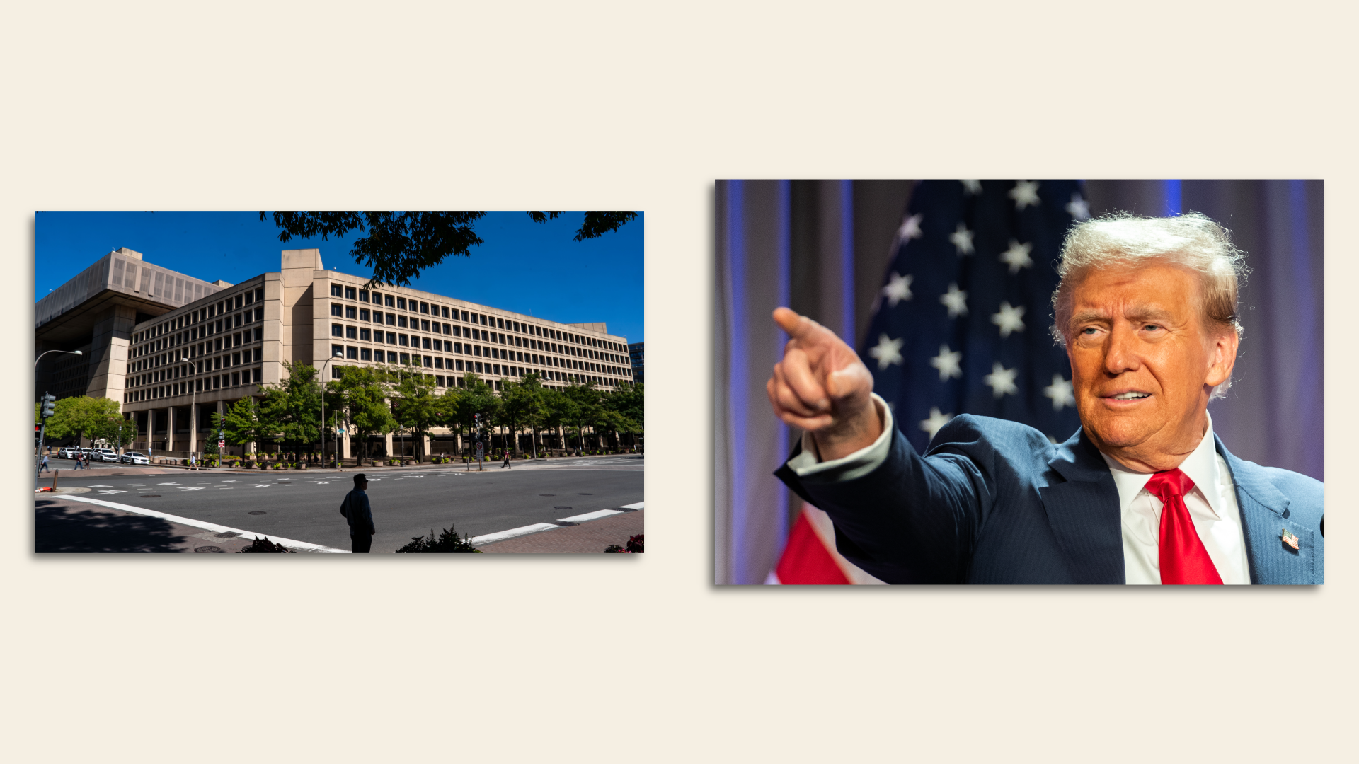 A photo of the FBI building HQ and a photo of Donald Trump in a collage