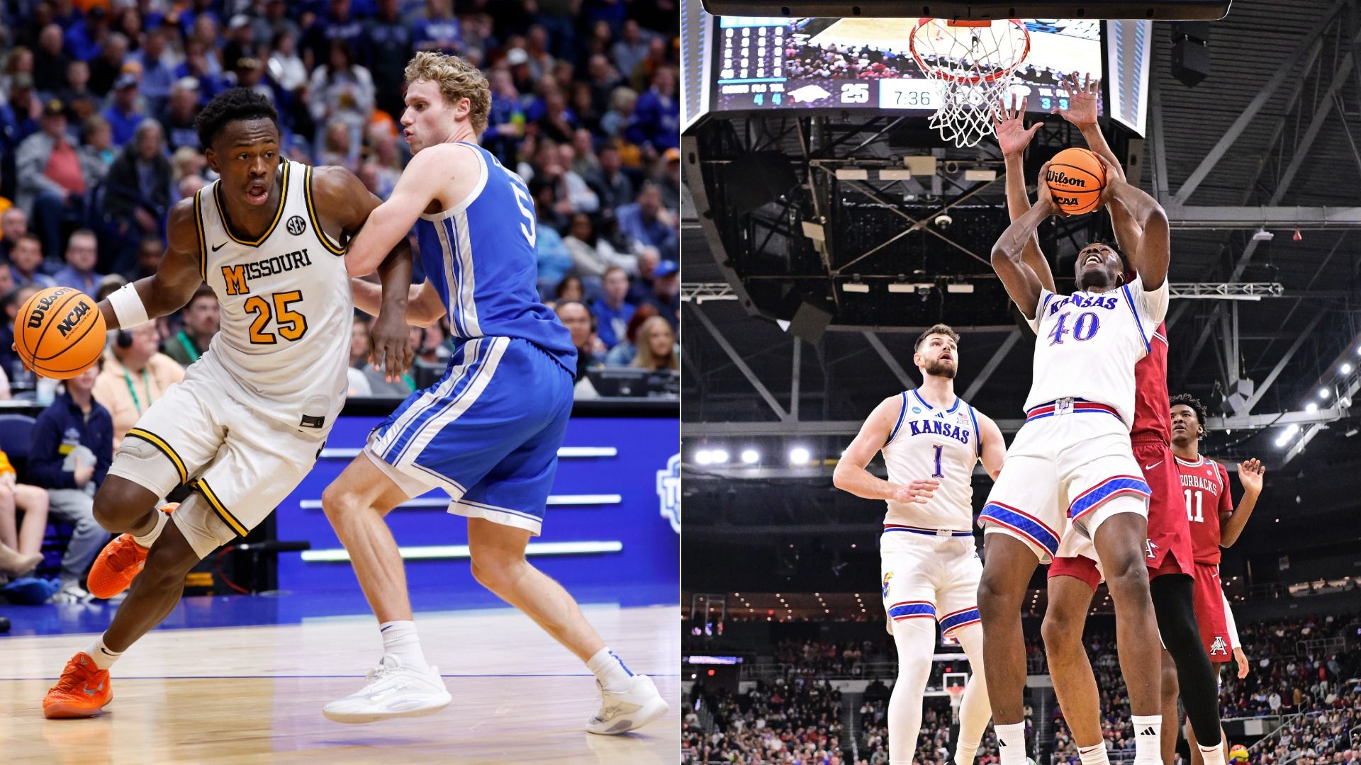 Mark Mitchell #25 of the Missouri Tigers dribbles the ball against Collin Chandler #5 of the Kentucky Wildcats during the second half in the second round of the 2026 SEC Men's Basketball Tournament. 
