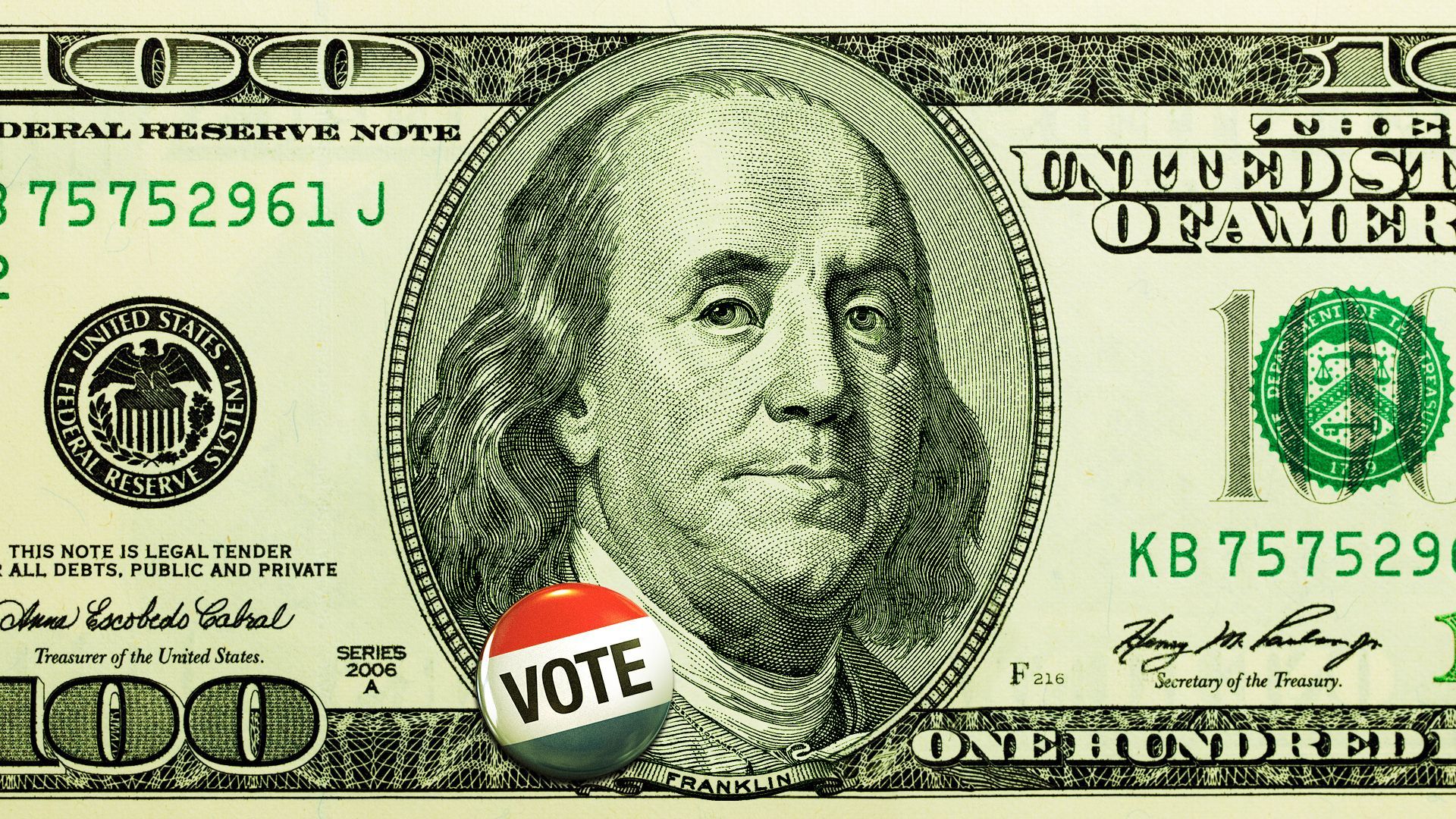 Illustration of Benjamin Franklin wearing a vote button.