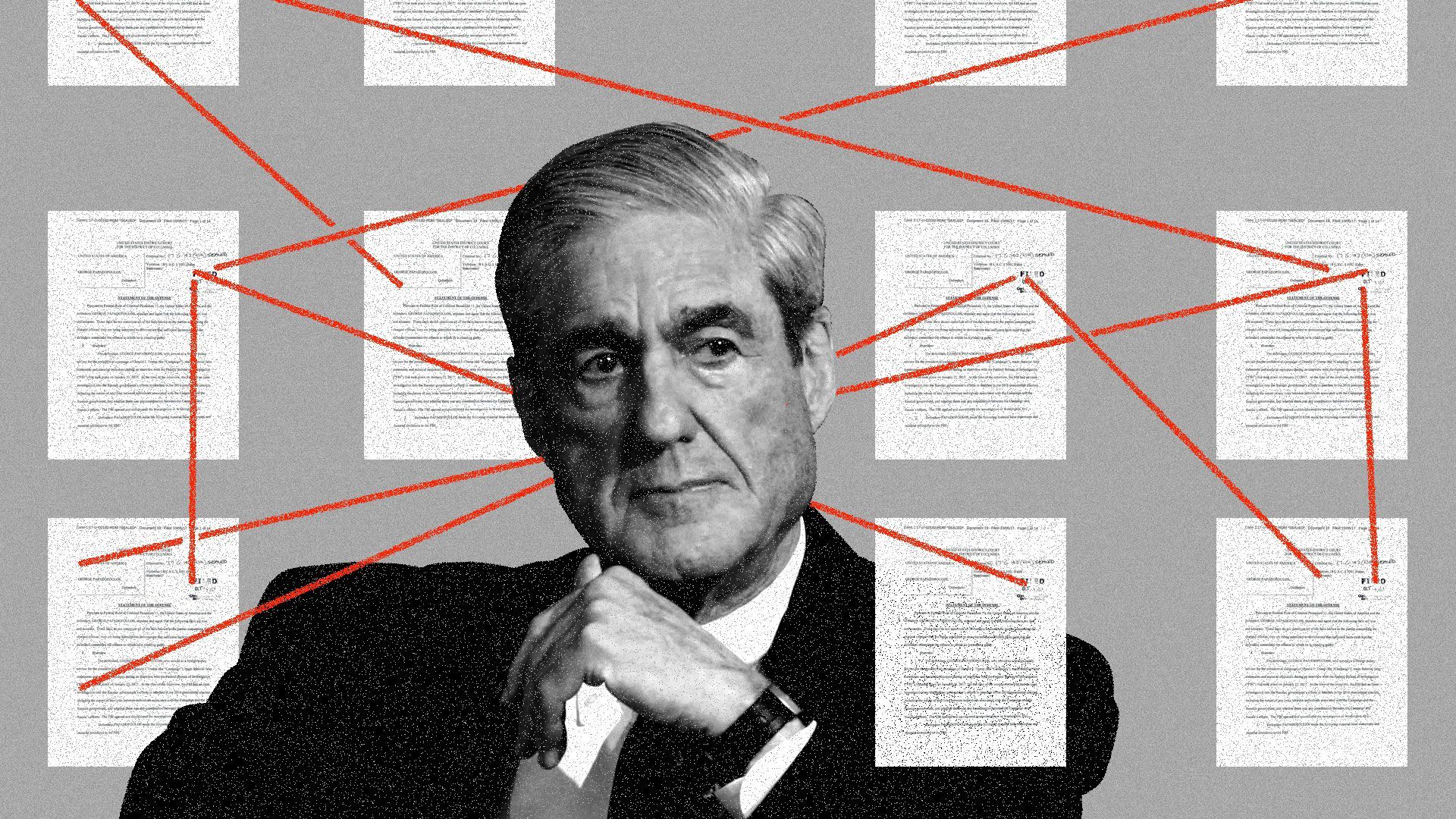 Robert Mueller surrounded by interconnected documents