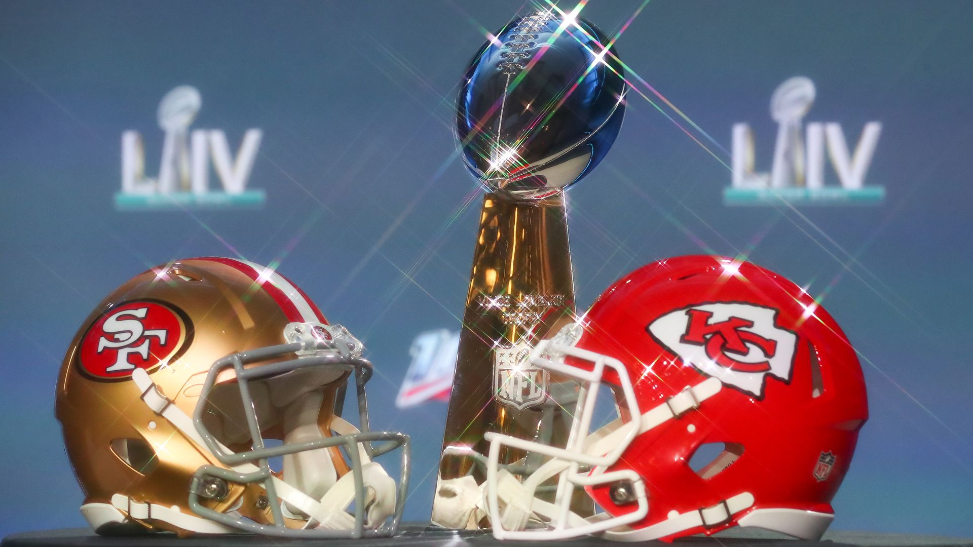 49ers and Chiefs helmets